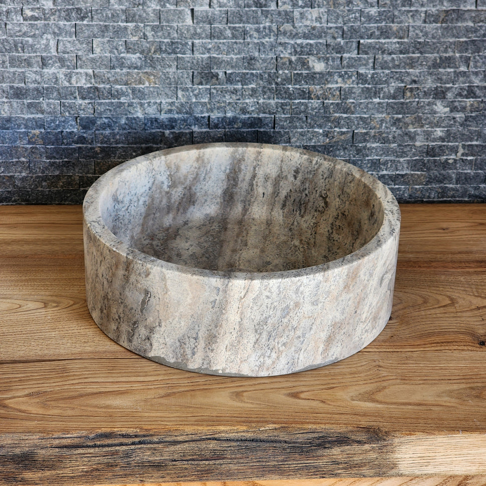 Dark Grey Marble Round Vessel Sink - Solid Stone Barrel Basin