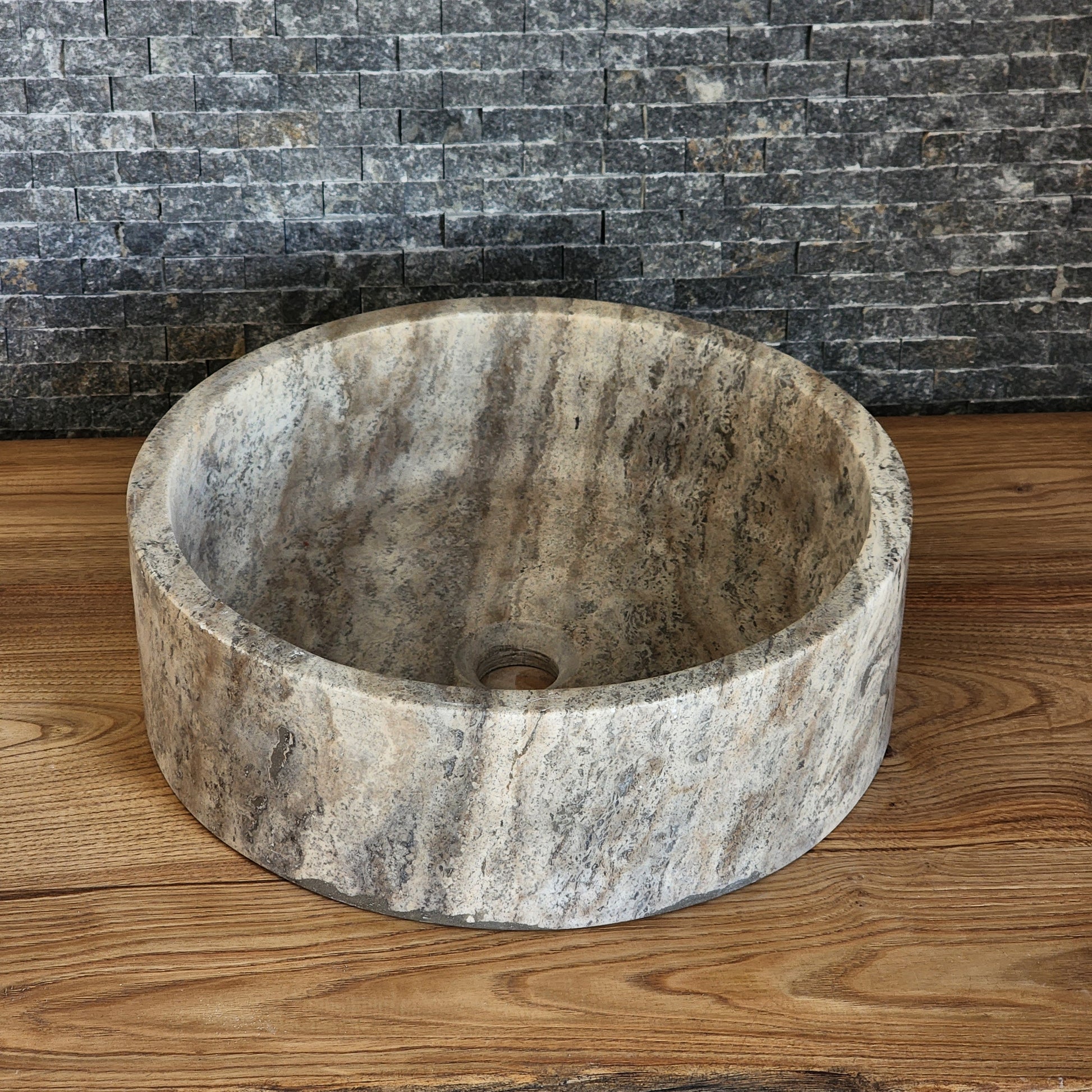Dark Grey Marble Round Vessel Sink - Solid Stone Barrel Basin