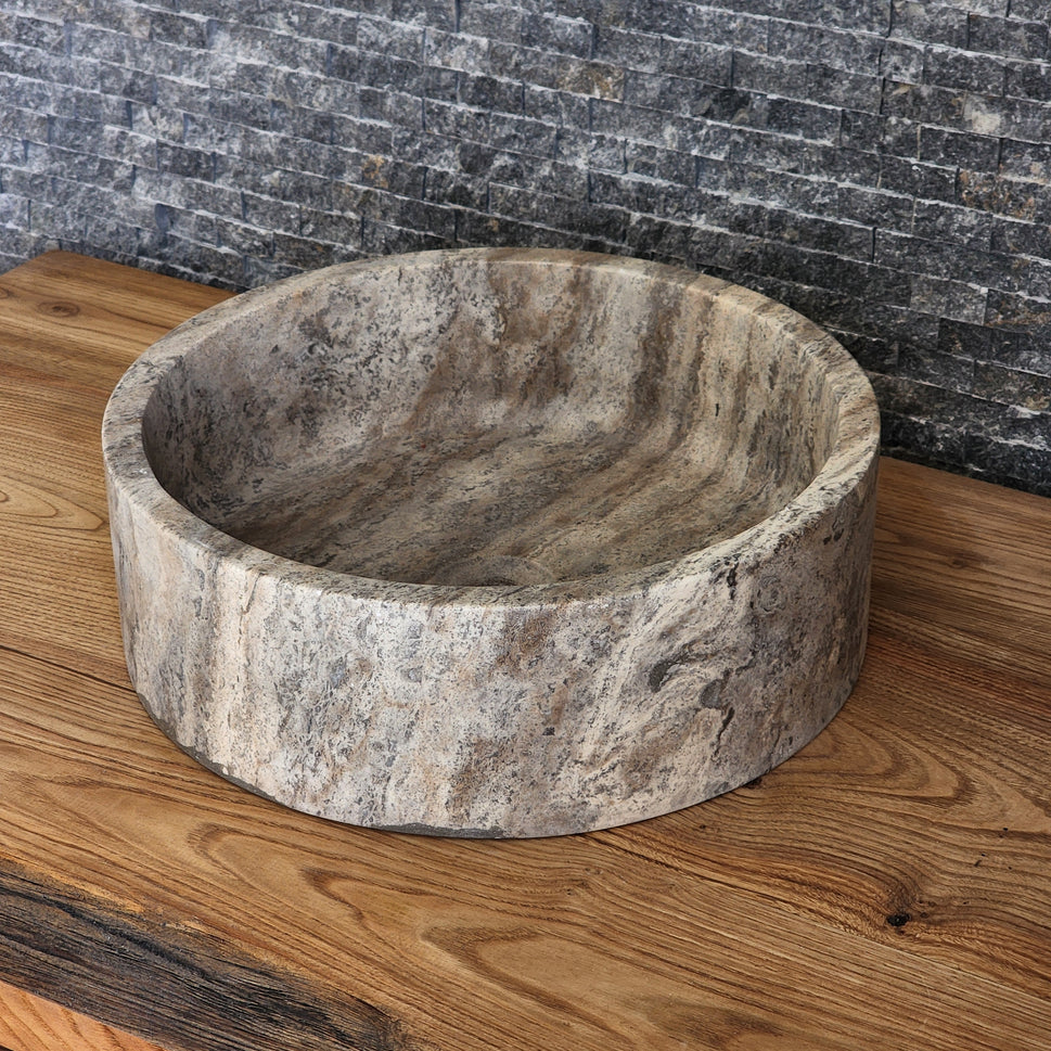 Dark Grey Marble Round Vessel Sink - Solid Stone Barrel Basin