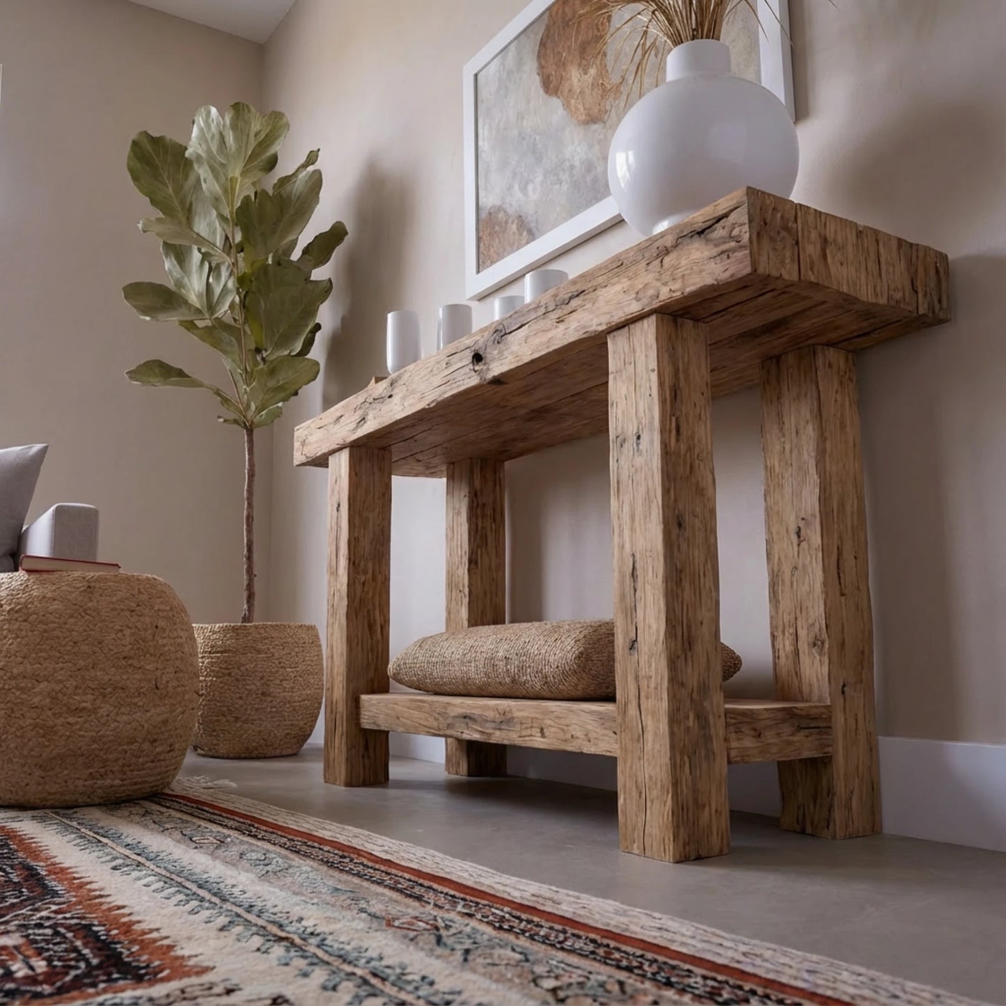 Rustic Entryway Wooden Console Table - Live Edge Wood Bench