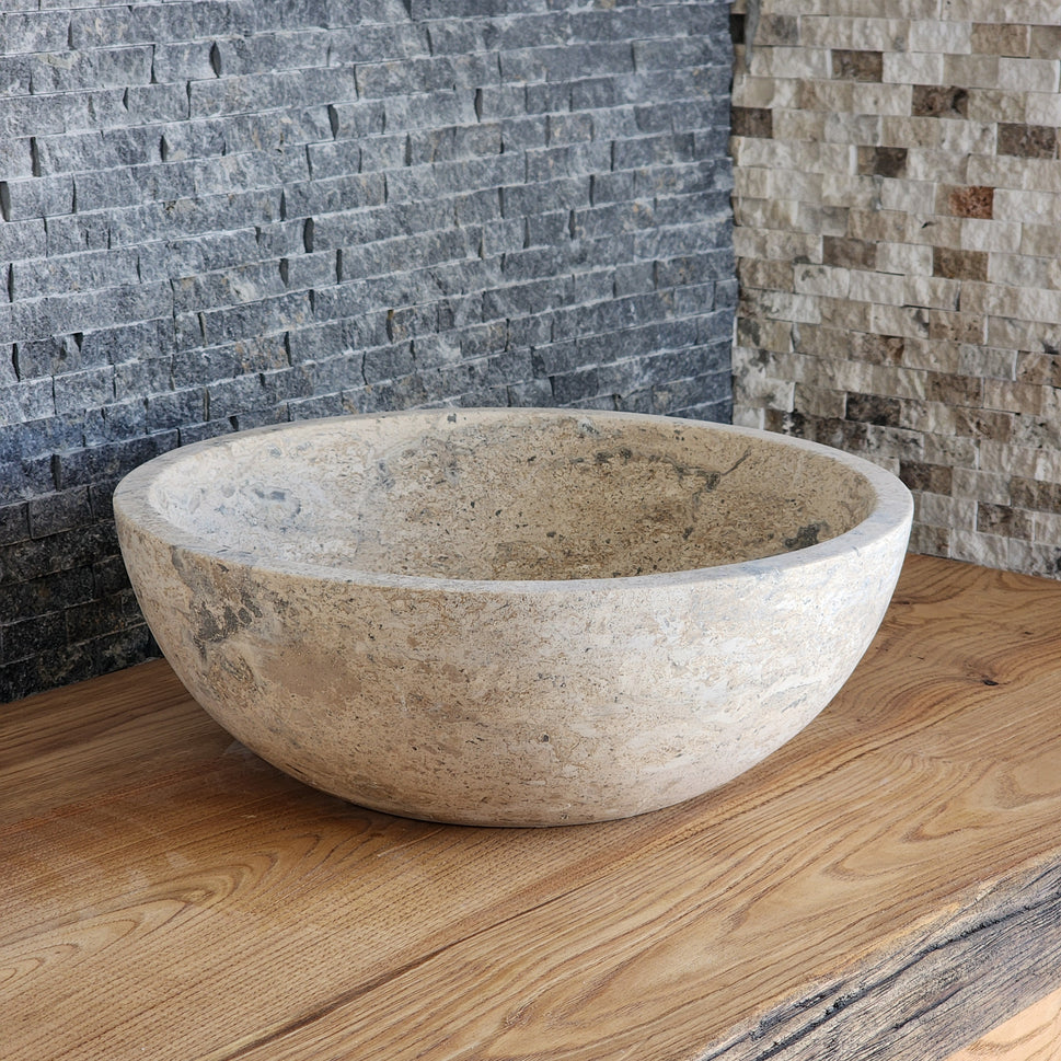 Deep-Pitted Travertine Round Vessel Sink - Raw Natural Stone Basin
