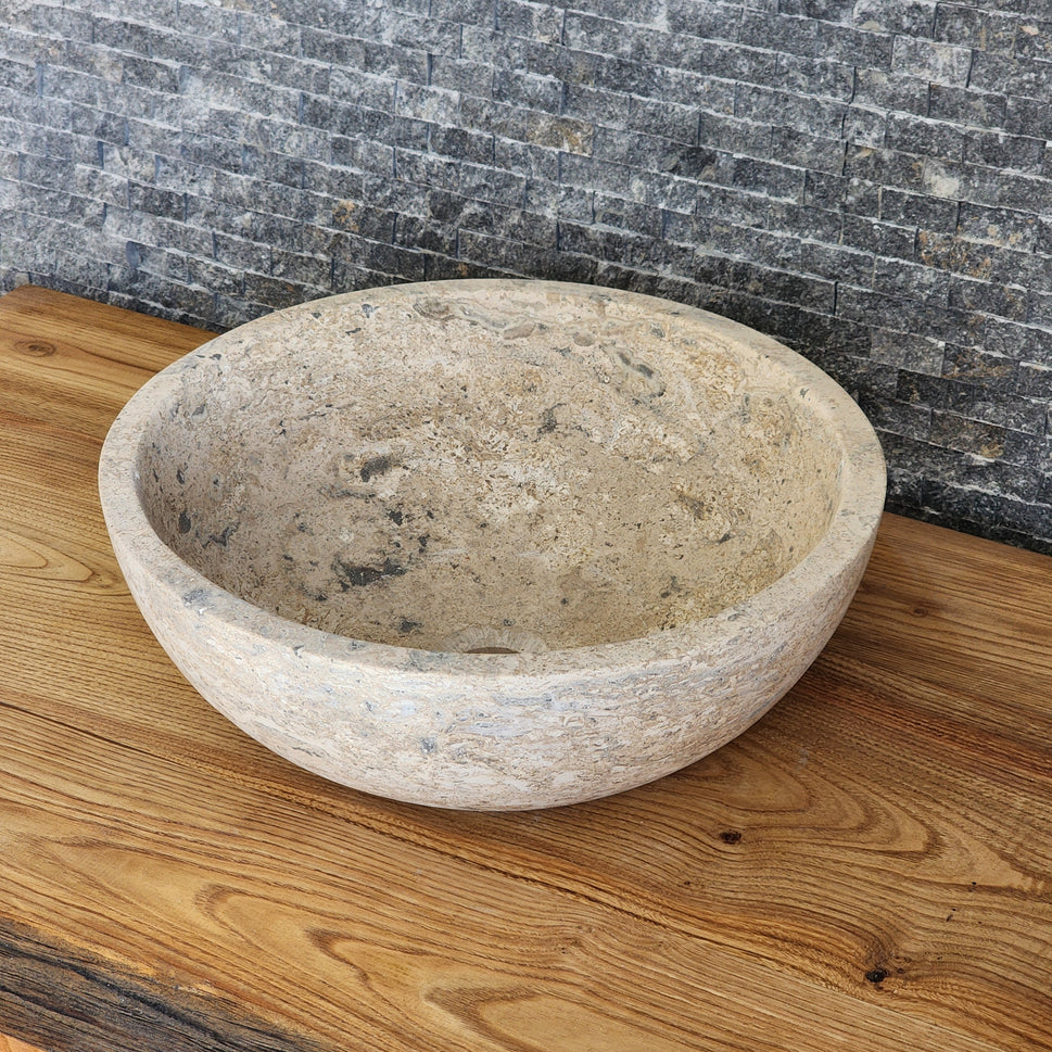 Deep-Pitted Travertine Round Vessel Sink - Raw Natural Stone Basin