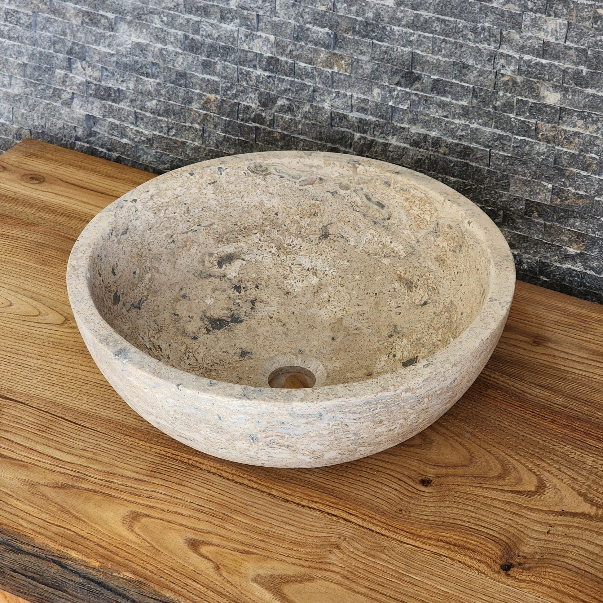 Deep-Pitted Travertine Round Vessel Sink - Raw Natural Stone Basin