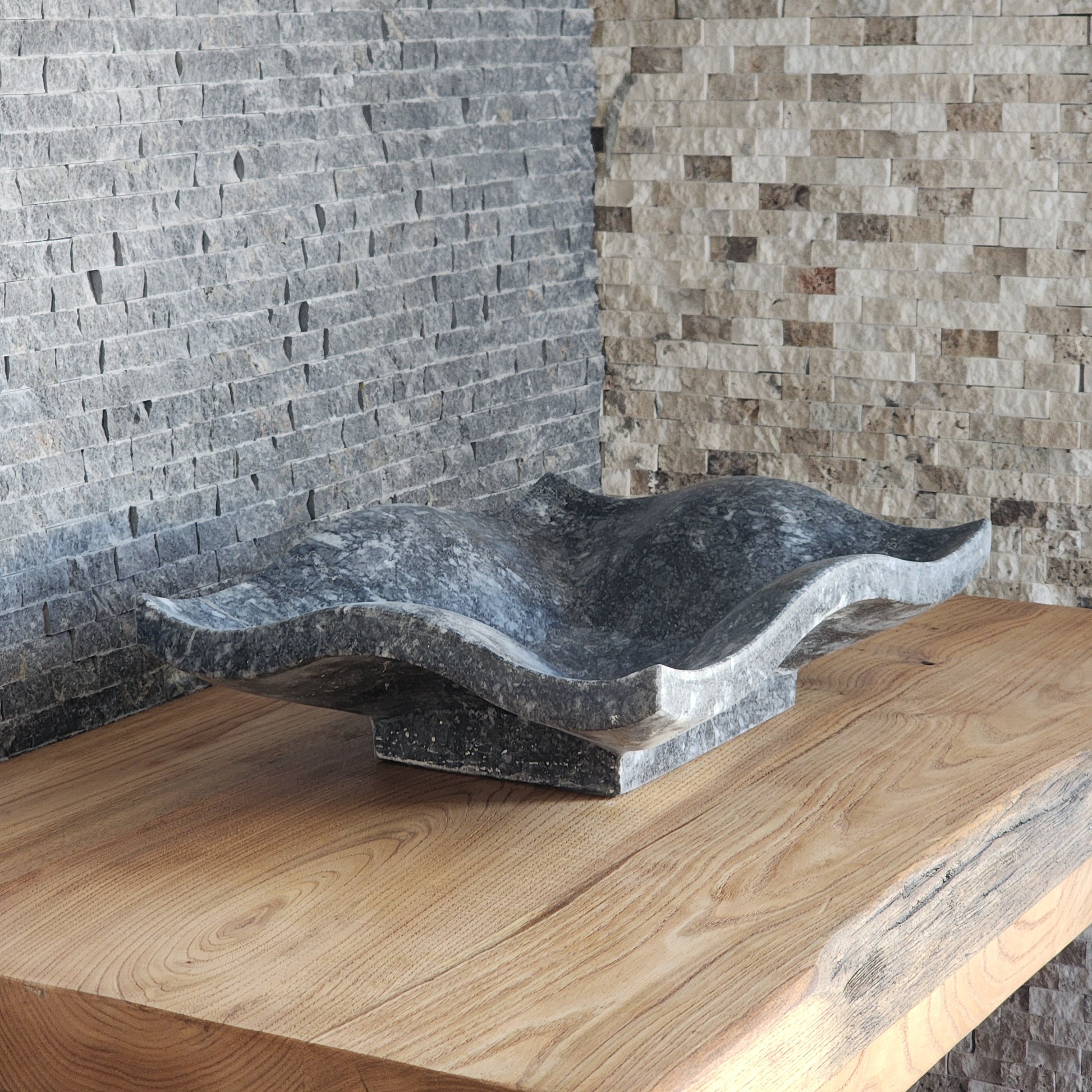 Natural Grey Marble Vessel Sink - Hand-Carved Organic Wave Design