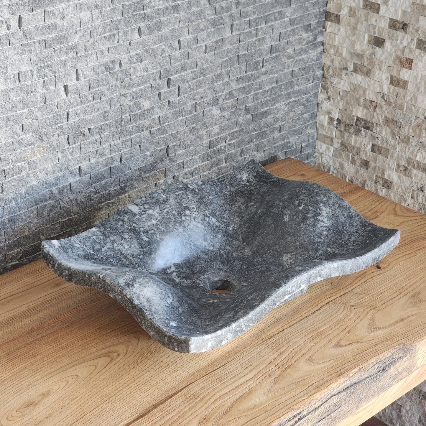 Natural Grey Marble Vessel Sink - Hand-Carved Organic Wave Design