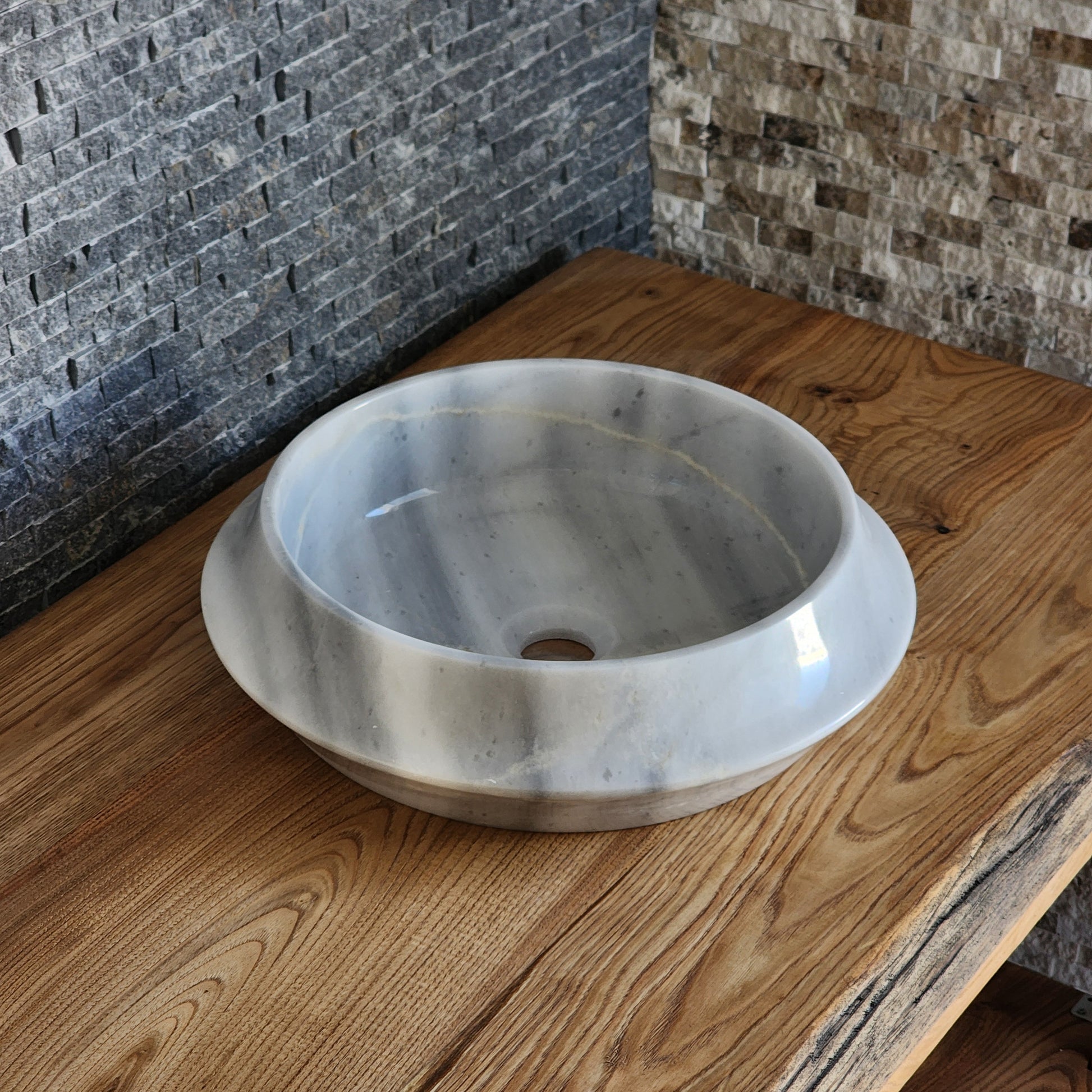 Modern Circular White Marble Vessel Sink - Architectural Angled Stone Basin