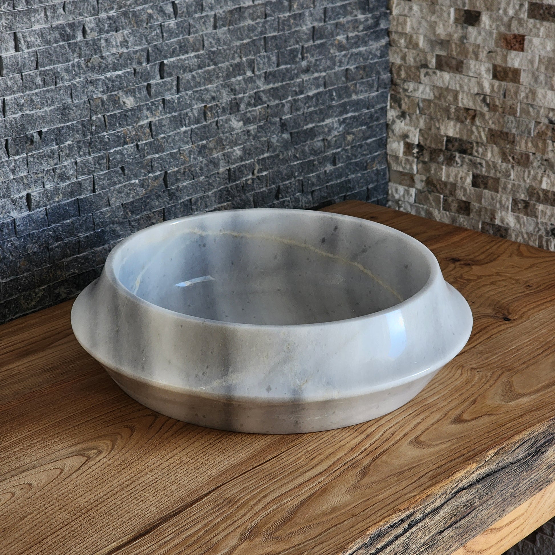 Modern Circular White Marble Vessel Sink - Architectural Angled Stone Basin
