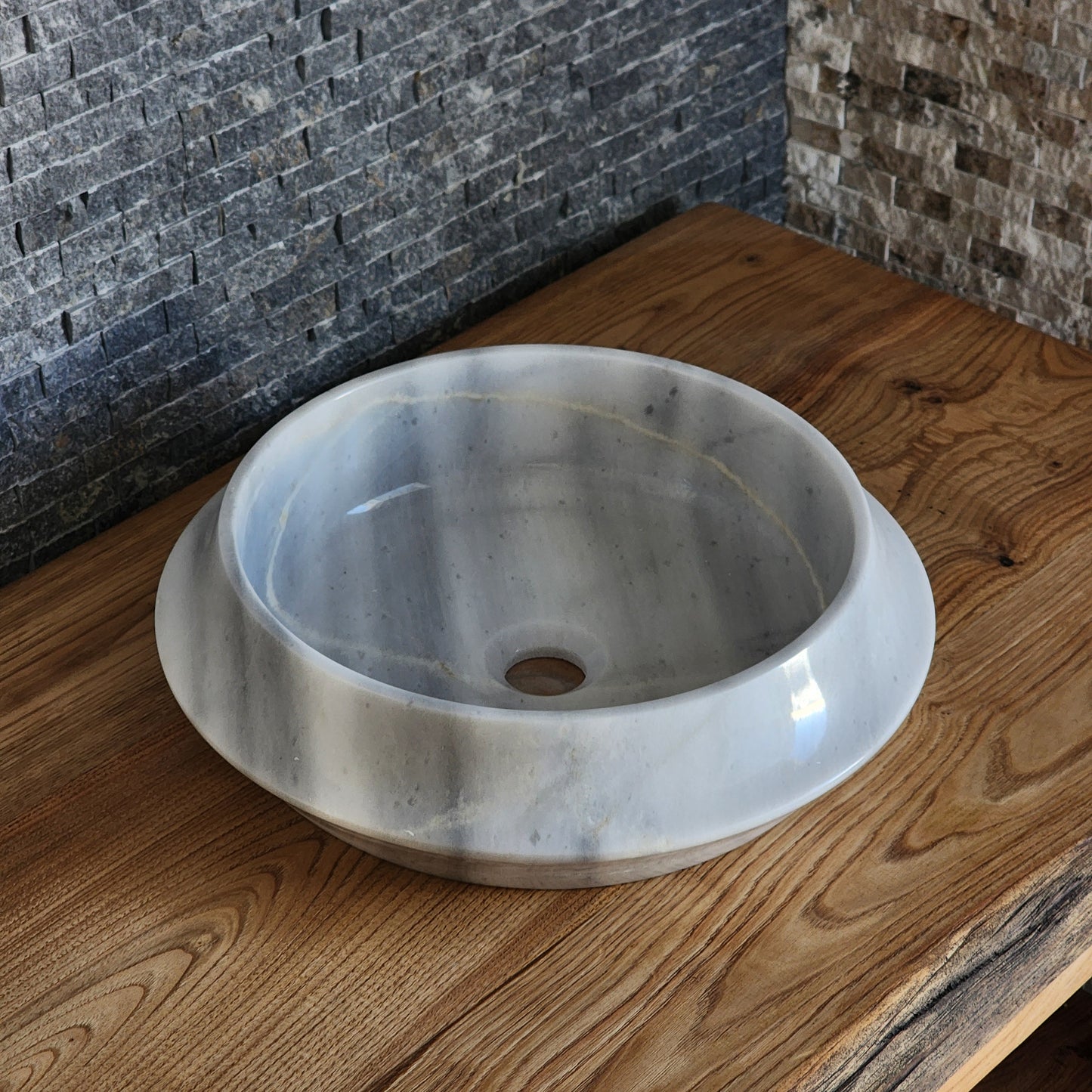Modern Circular White Marble Vessel Sink - Architectural Angled Stone Basin