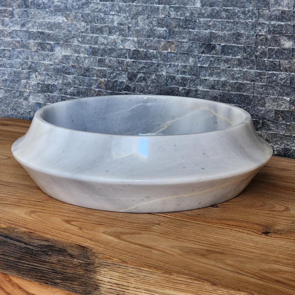 Modern Circular White Marble Vessel Sink - Architectural Angled Stone Basin