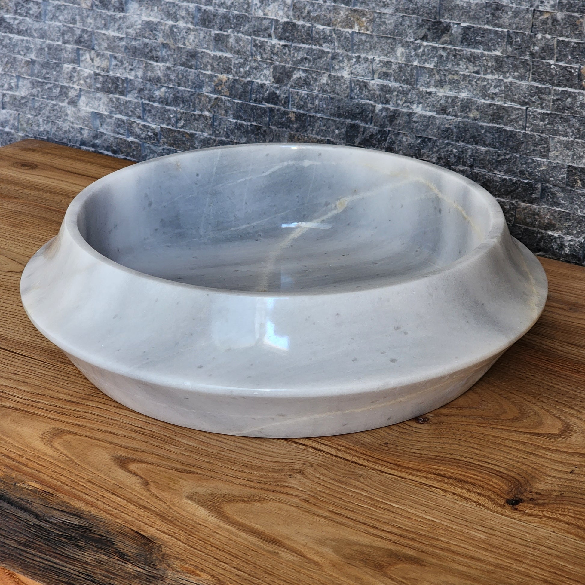 Modern Circular White Marble Vessel Sink - Architectural Angled Stone Basin