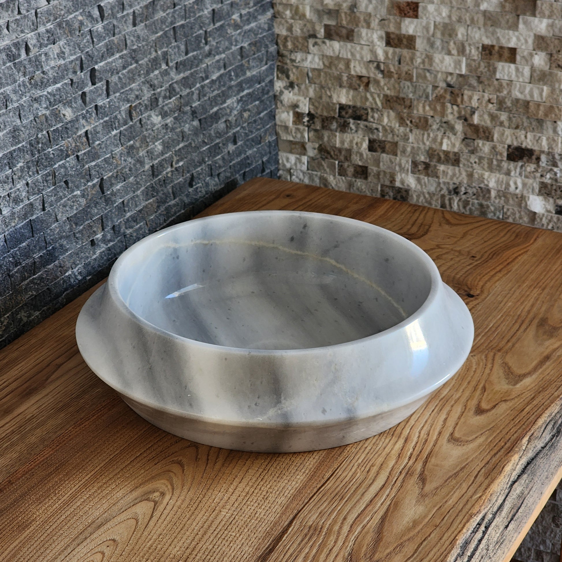 Modern Circular White Marble Vessel Sink - Architectural Angled Stone Basin