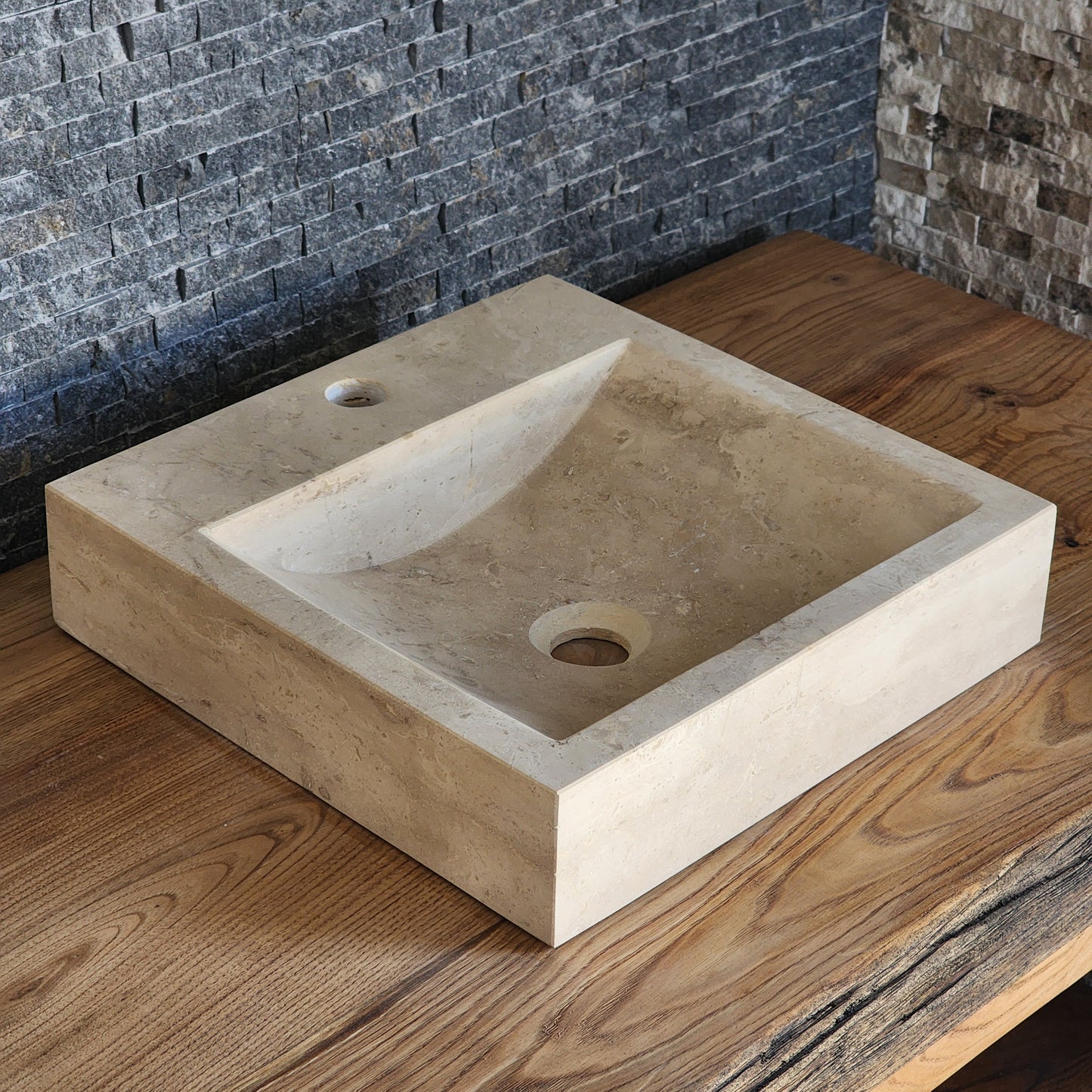 Norhew Modern Honed Travertine Sink - Square Design with Faucet Deck