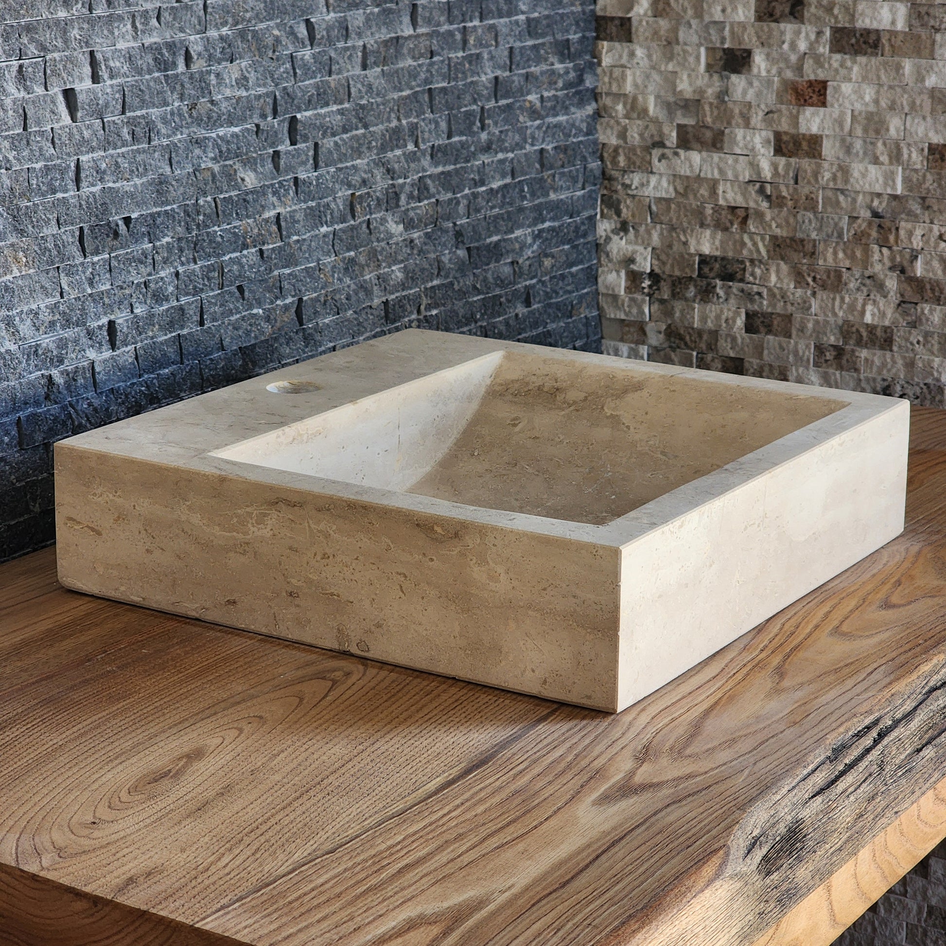 Norhew Modern Honed Travertine Sink - Square Design with Faucet Deck