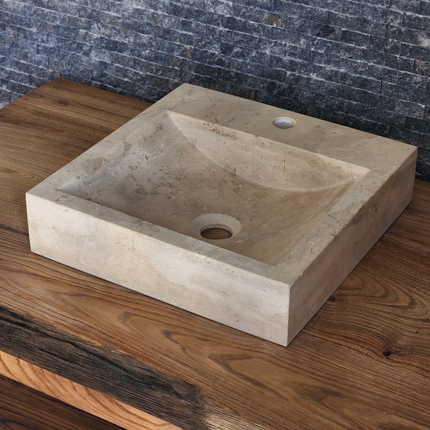 Norhew Modern Honed Travertine Sink - Square Design with Faucet Deck