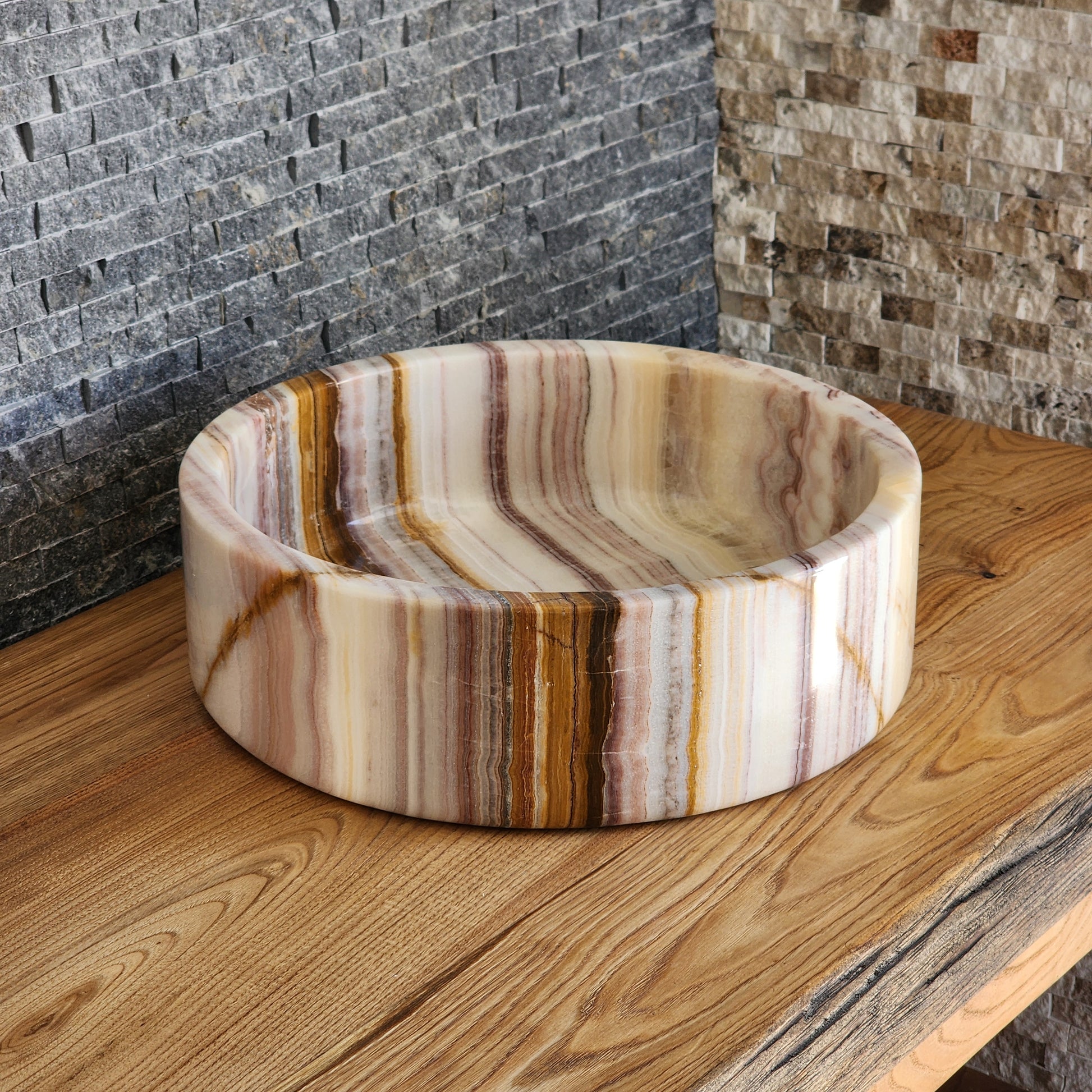 Hand-Carved Multi-Colored Onyx Vessel Sink – Polished Banded Round Natural Stone Basin