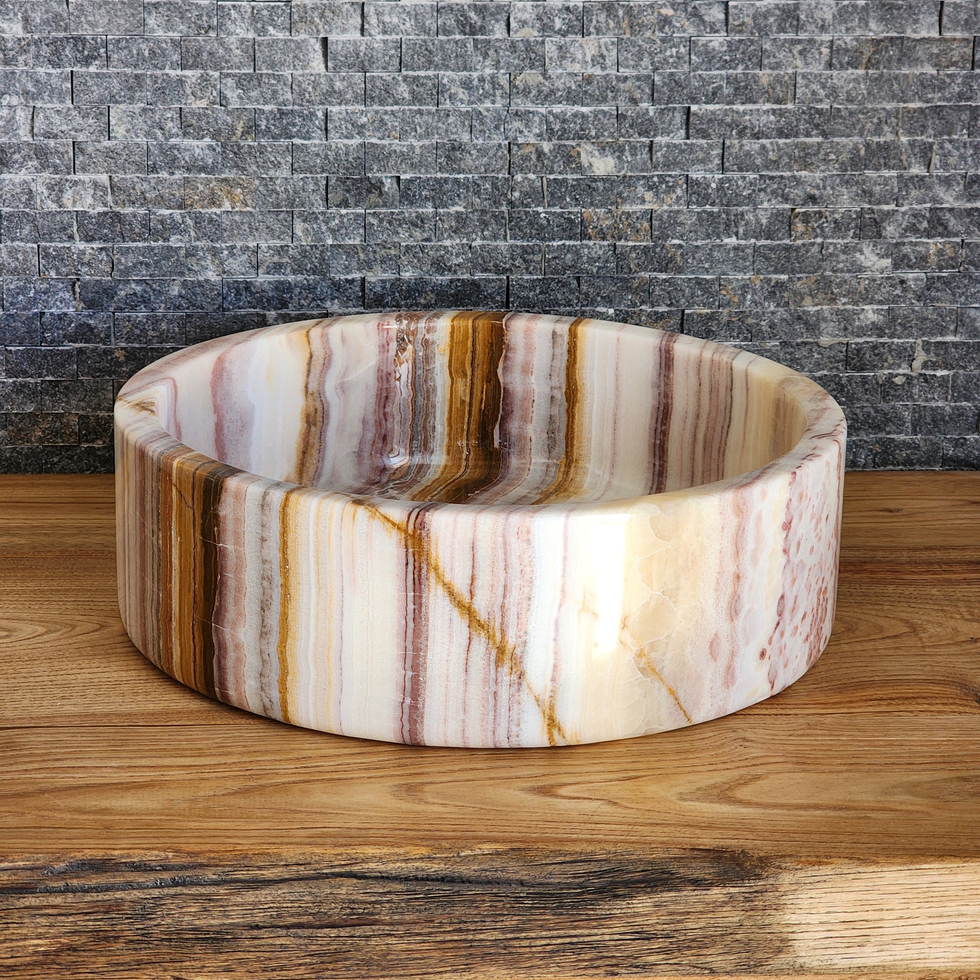 Hand-Carved Multi-Colored Onyx Vessel Sink – Polished Banded Round Natural Stone Basin