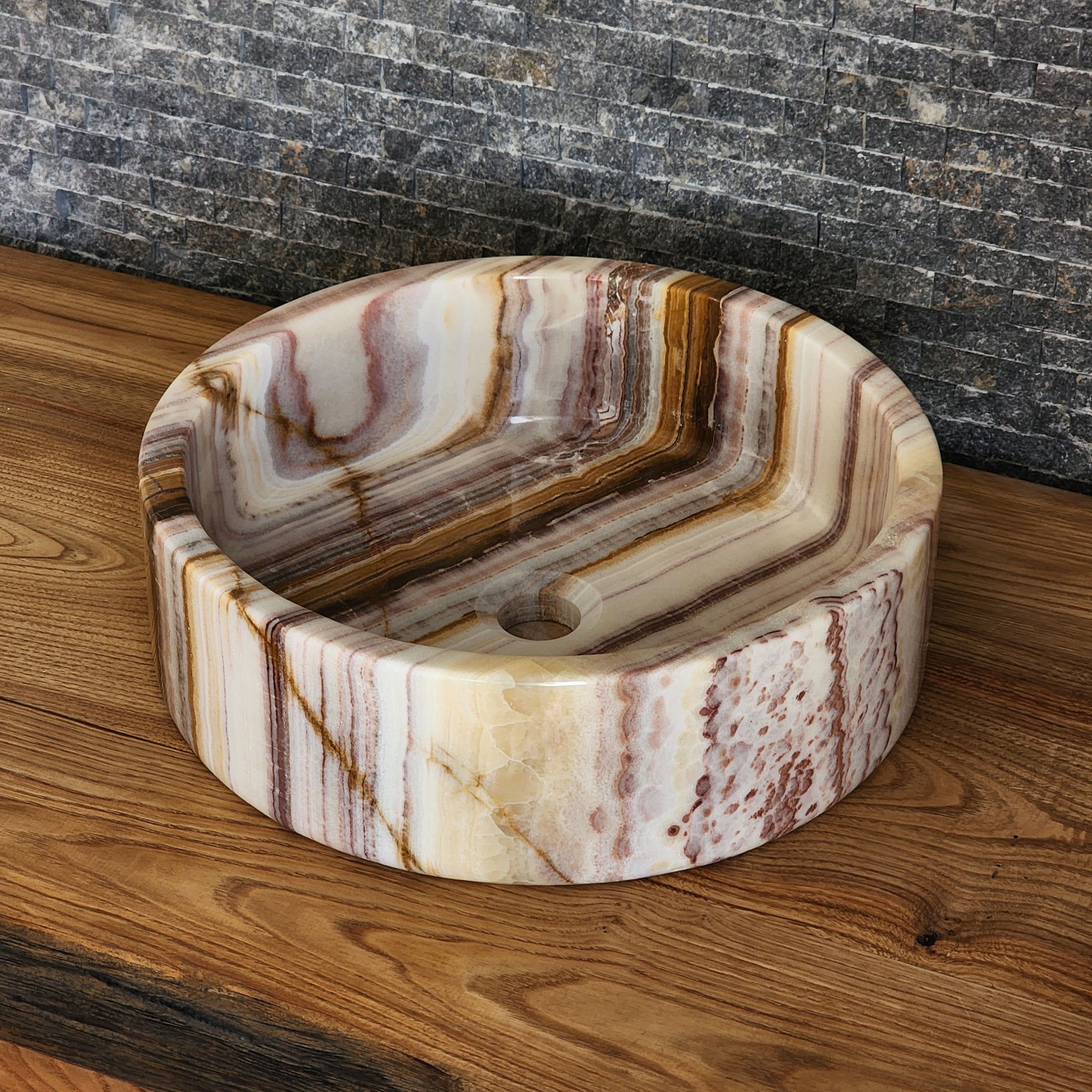 Hand-Carved Multi-Colored Onyx Vessel Sink – Polished Banded Round Natural Stone Basin