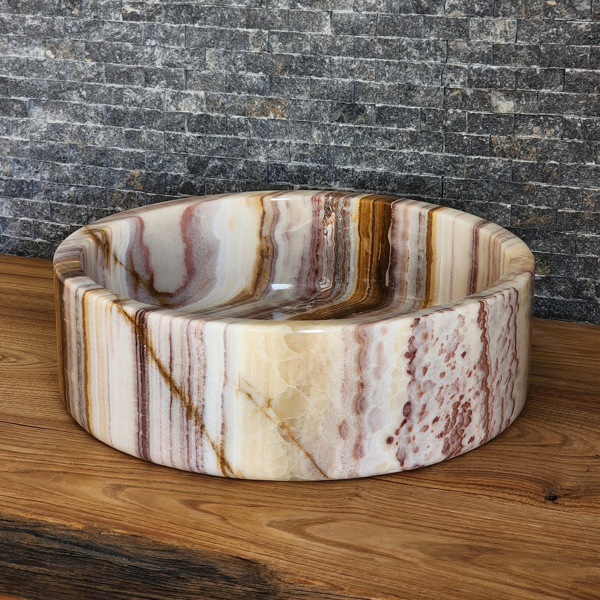 Hand-Carved Multi-Colored Onyx Vessel Sink – Polished Banded Round Natural Stone Basin