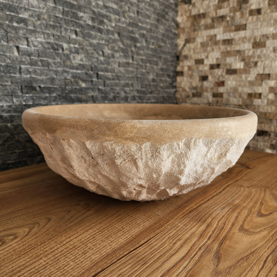 Natural Travertine Round Vessel Sink - Hand-Chiseled Raw Stone Basin