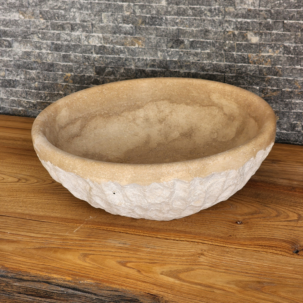 Natural Travertine Round Vessel Sink - Hand-Chiseled Raw Stone Basin