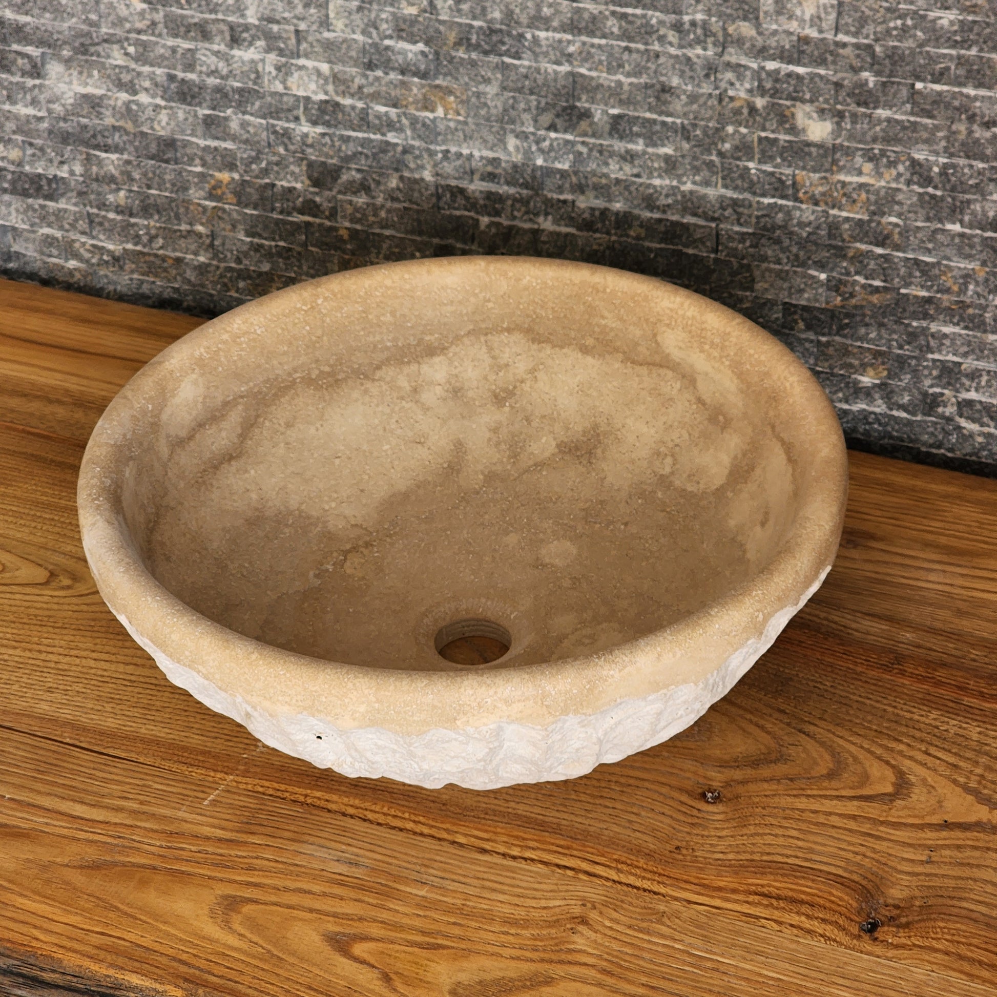 Natural Travertine Round Vessel Sink - Hand-Chiseled Raw Stone Basin