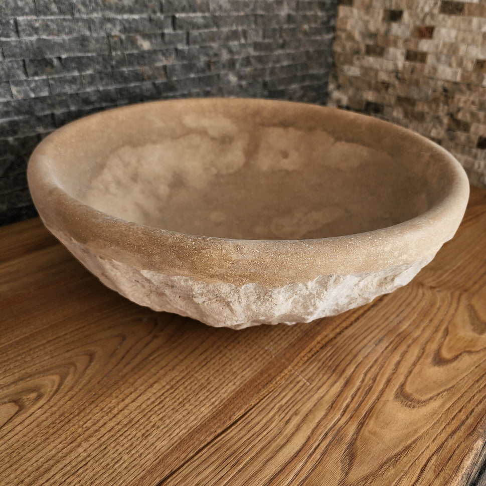 Natural Travertine Round Vessel Sink - Hand-Chiseled Raw Stone Basin