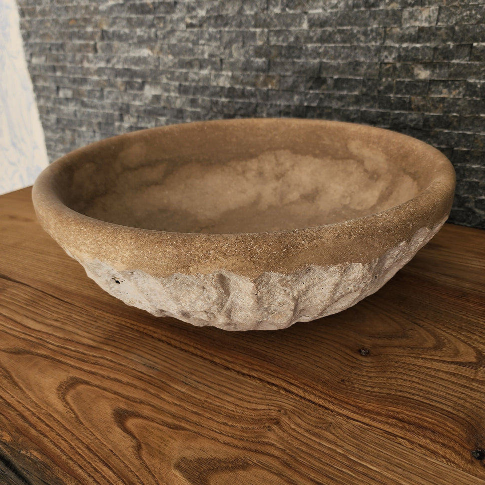Natural Travertine Round Vessel Sink - Hand-Chiseled Raw Stone Basin