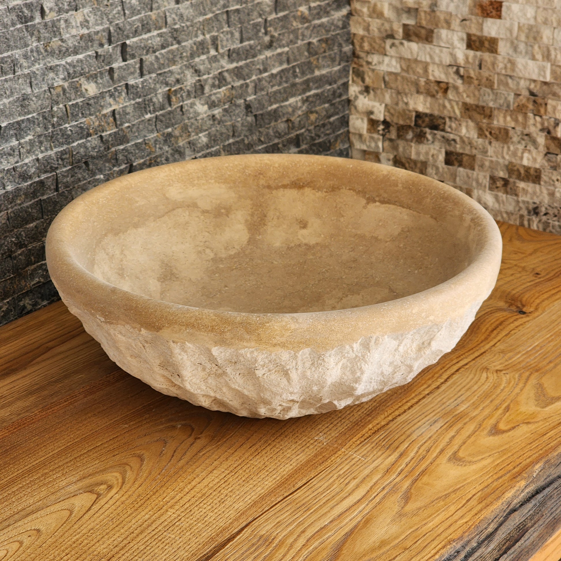 Natural Travertine Round Vessel Sink - Hand-Chiseled Raw Stone Basin