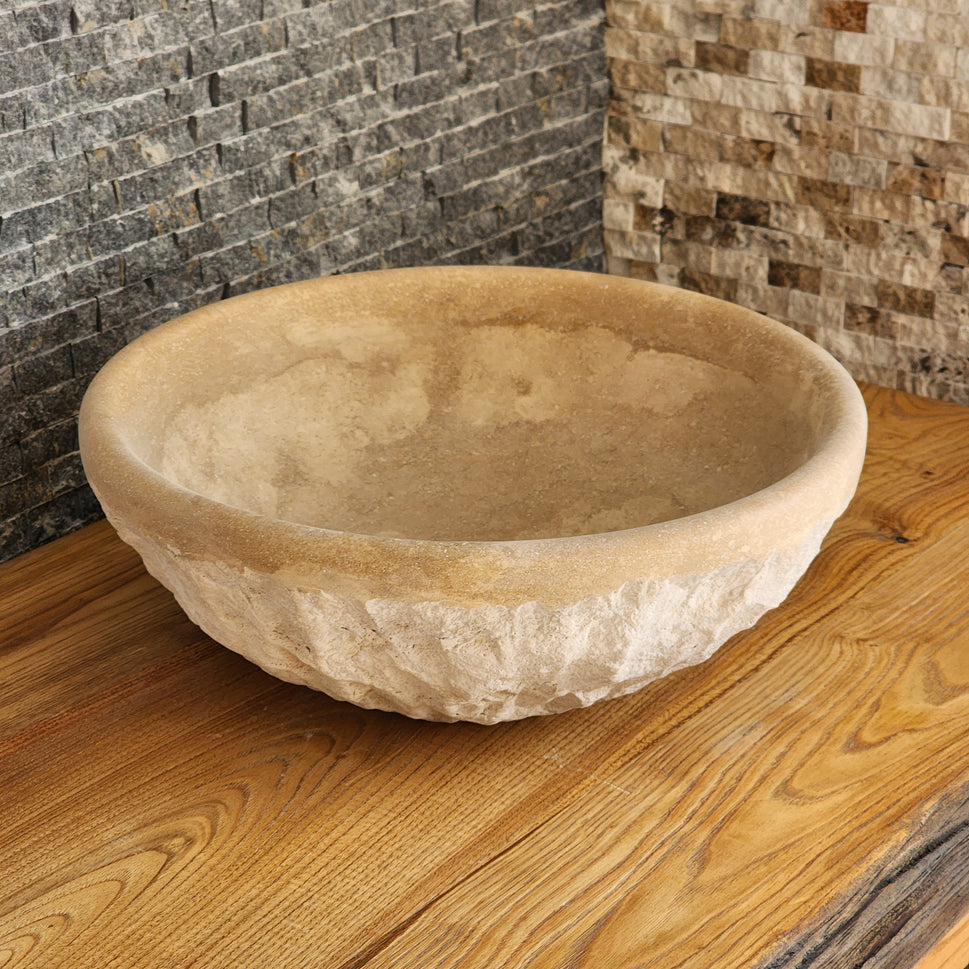 Natural Travertine Round Vessel Sink - Hand-Chiseled Raw Stone Basin