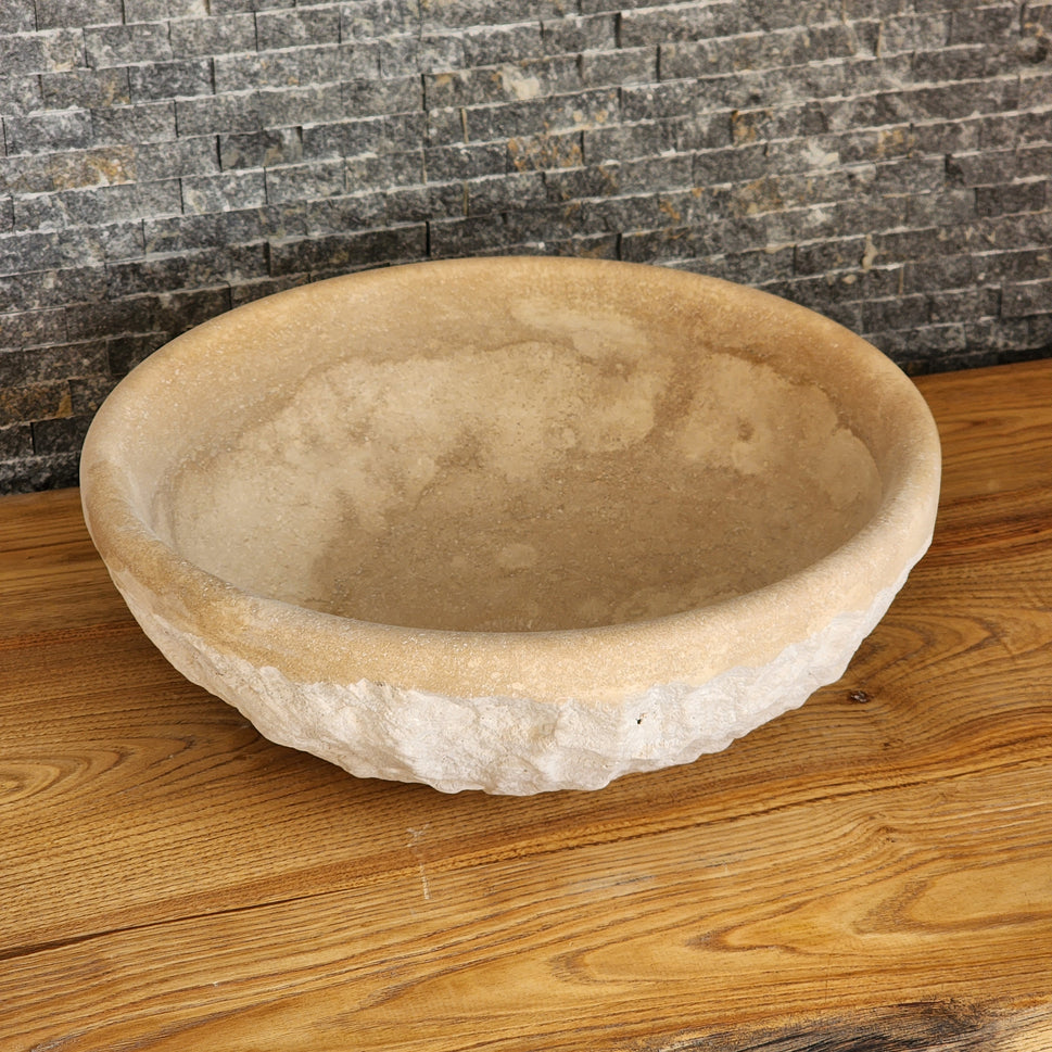 Natural Travertine Round Vessel Sink - Hand-Chiseled Raw Stone Basin