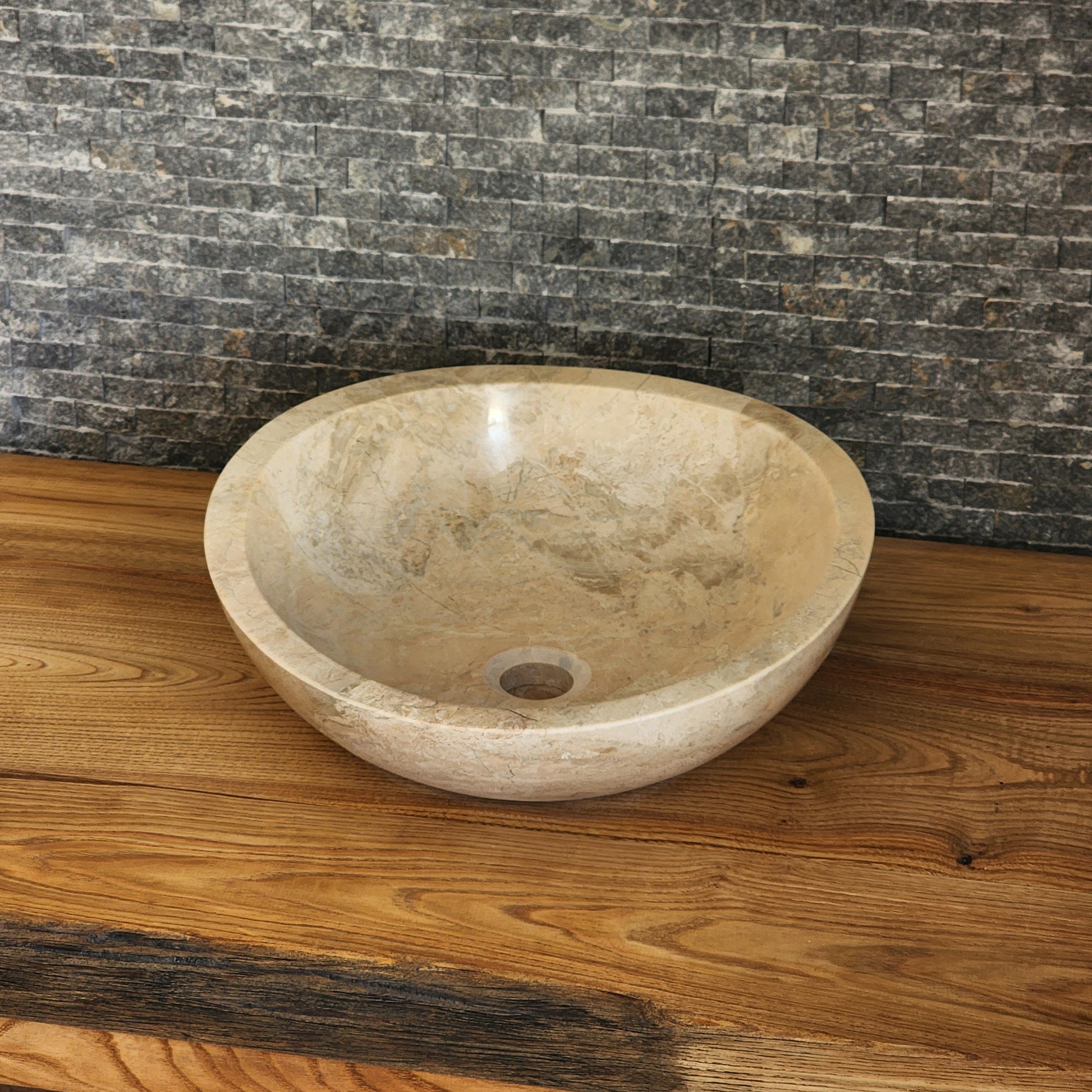 Hand-Carved Beige Marble Vessel Sink – Asymmetrical Organic Polished Stone Basin