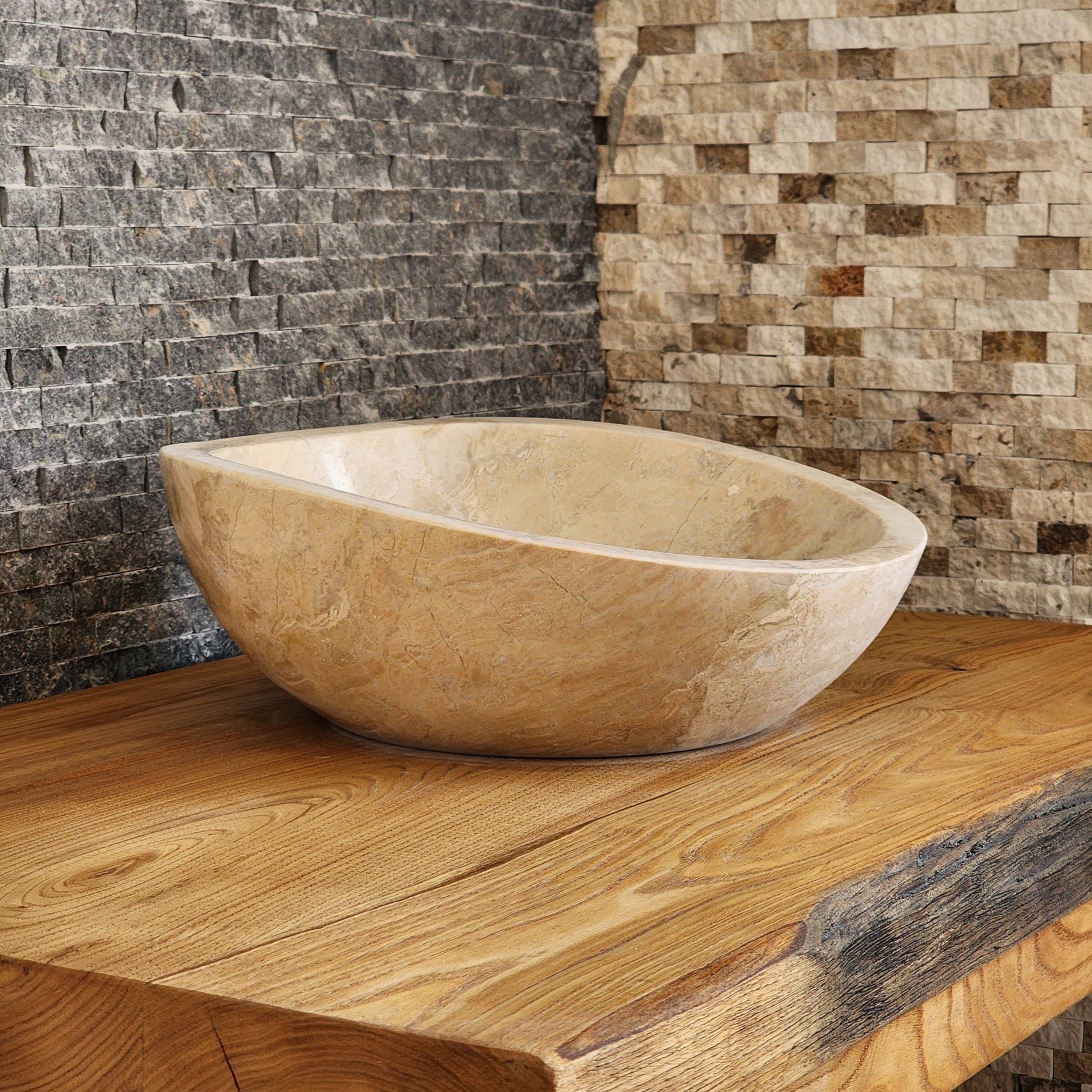Hand-Carved Beige Marble Vessel Sink – Asymmetrical Organic Polished Stone Basin