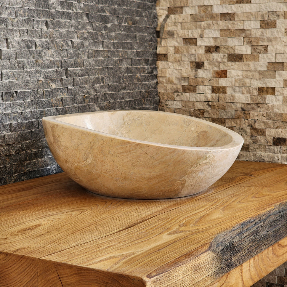 Hand-Carved Beige Marble Vessel Sink – Asymmetrical Organic Polished Stone Basin