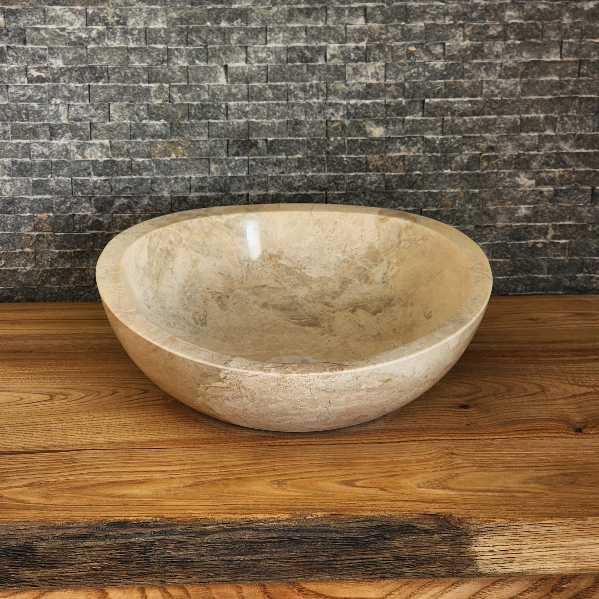 Hand-Carved Beige Marble Vessel Sink – Asymmetrical Organic Polished Stone Basin