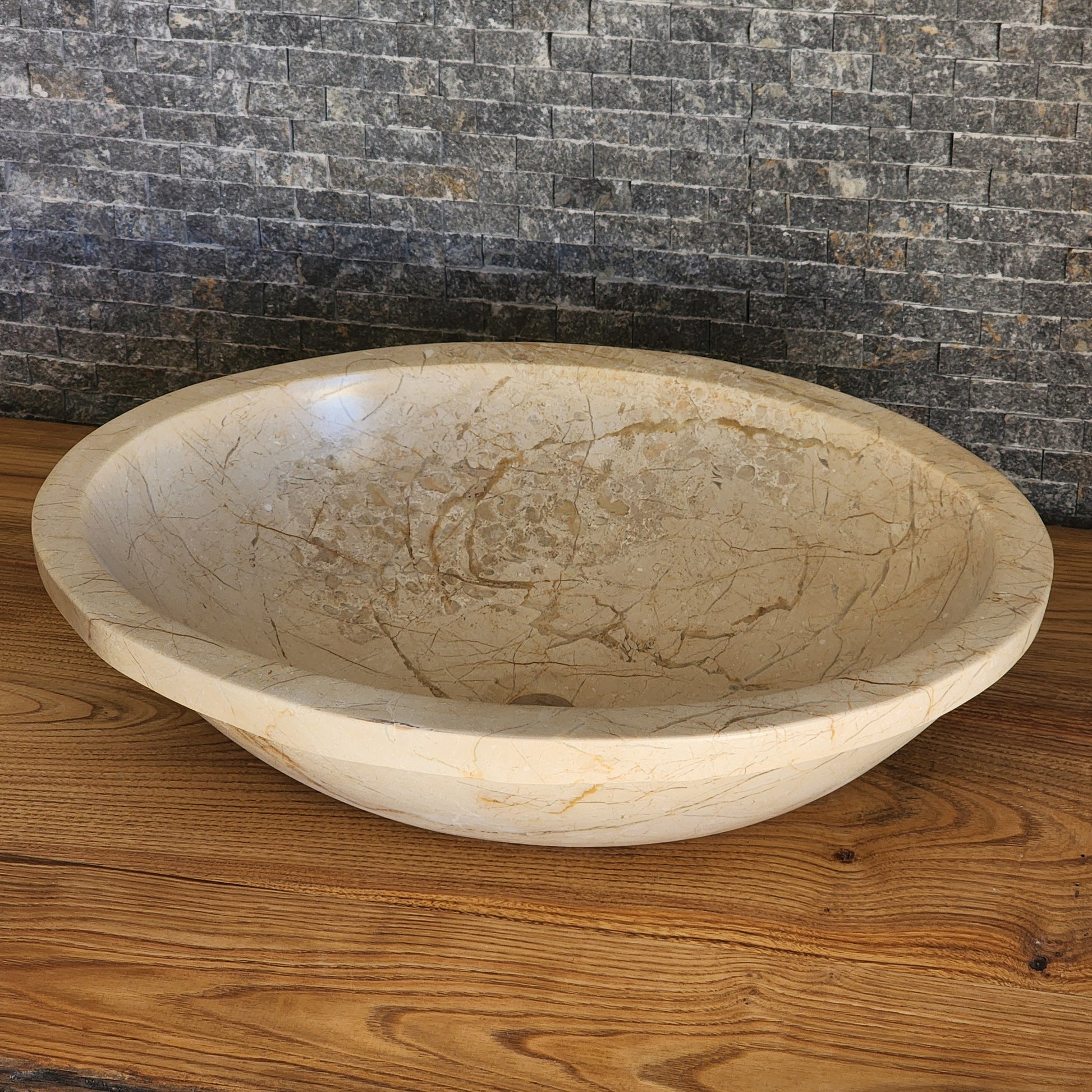 Beige Breccia Marble Vessel Sink - Flared Rim Solid Stone Basin