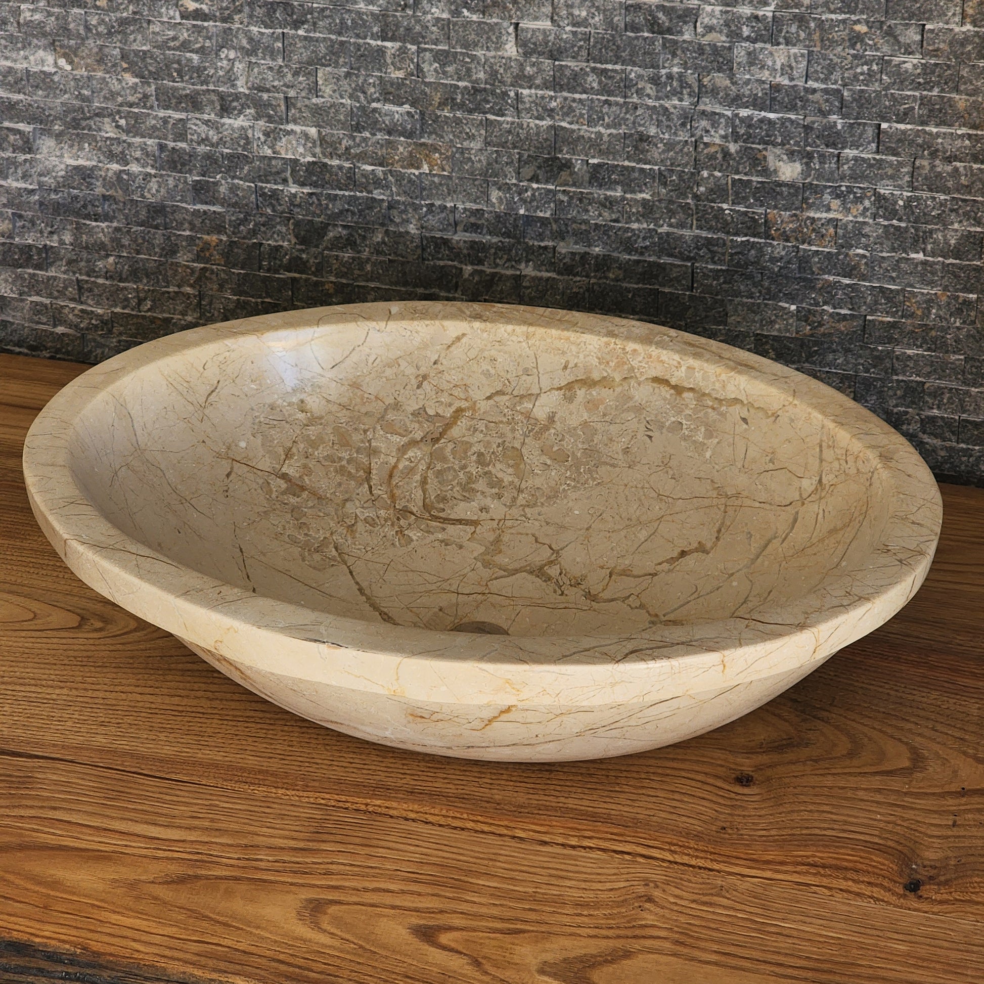 Beige Breccia Marble Vessel Sink - Flared Rim Solid Stone Basin