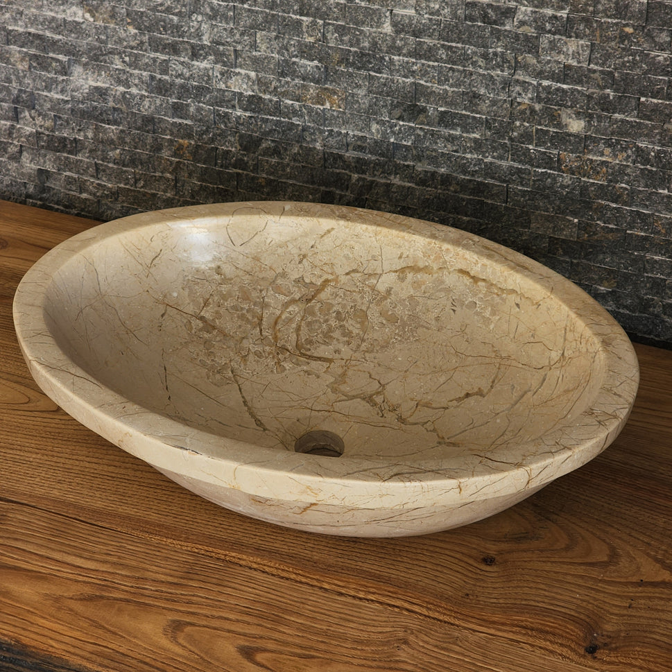 Beige Breccia Marble Vessel Sink - Flared Rim Solid Stone Basin