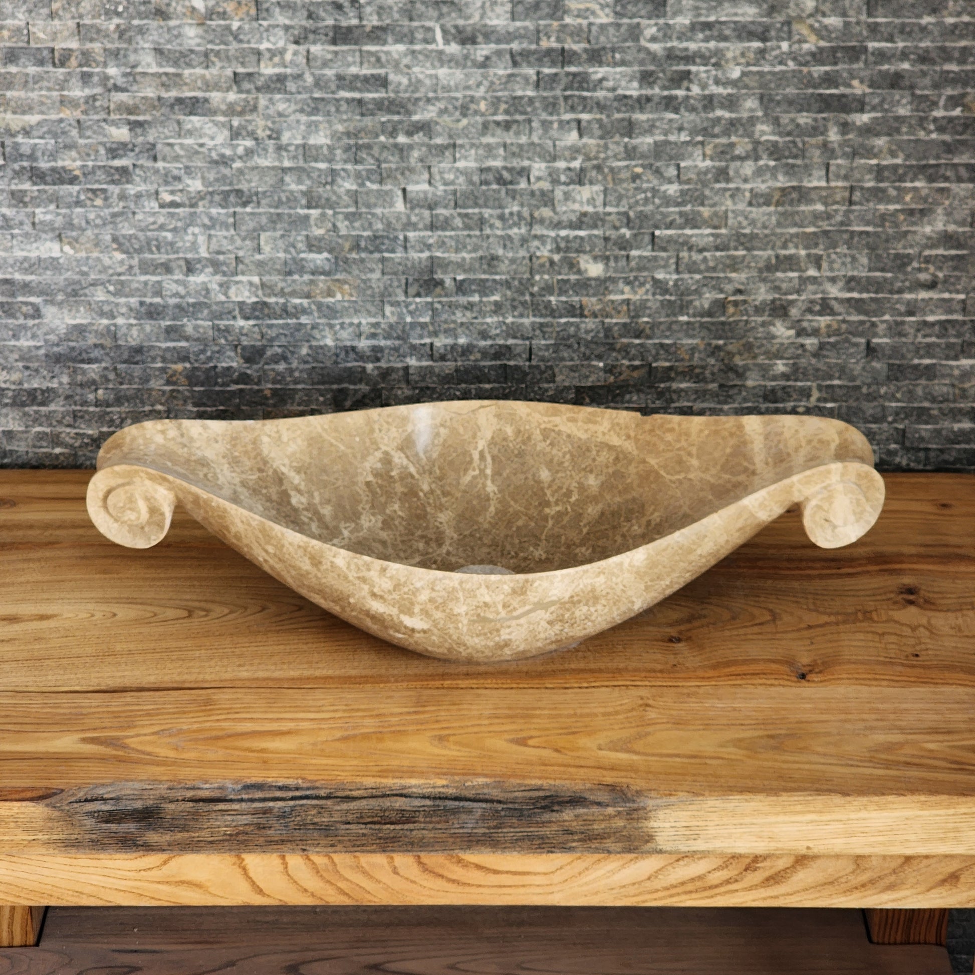 Scroll-Edge Beige Marble Vessel Sink - Hand-Carved Sculptural Basin