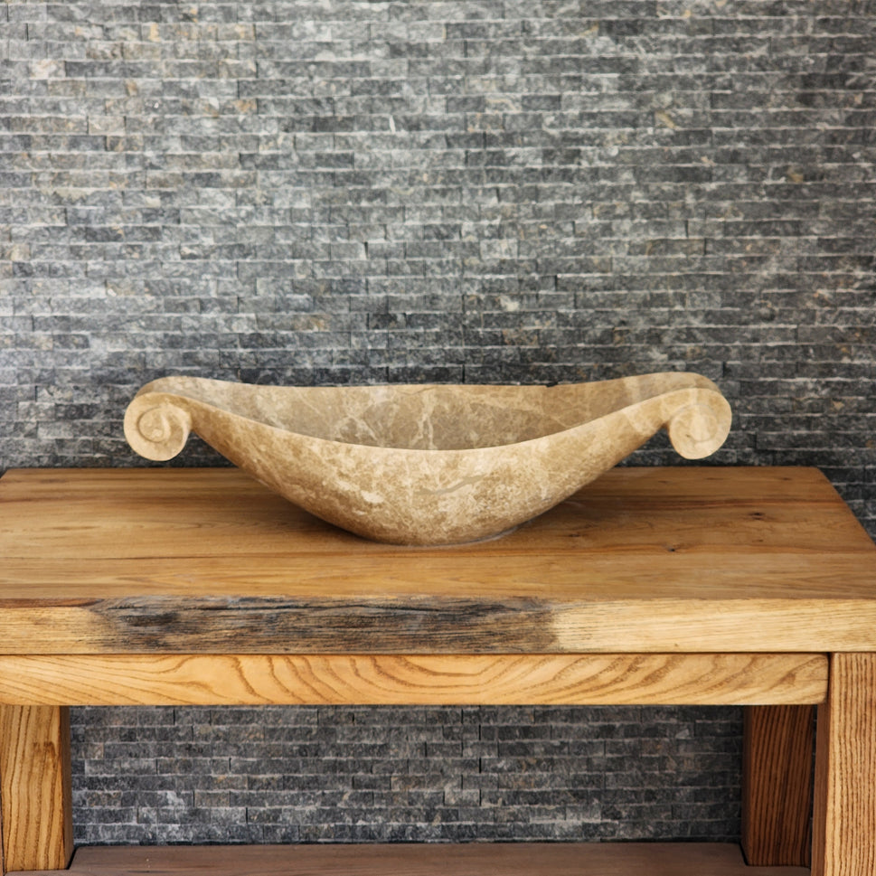 Scroll-Edge Beige Marble Vessel Sink - Hand-Carved Sculptural Basin