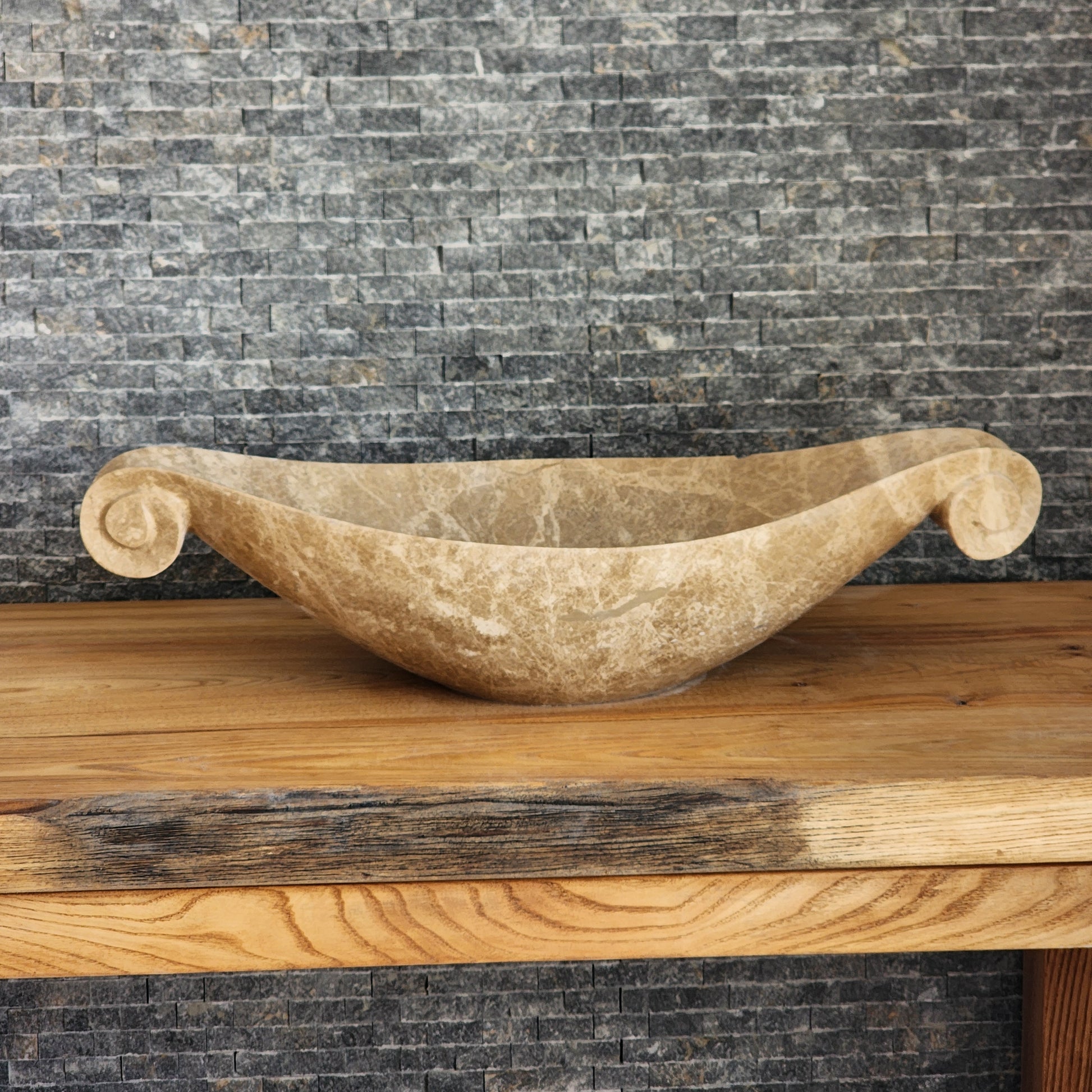 Scroll-Edge Beige Marble Vessel Sink - Hand-Carved Sculptural Basin
