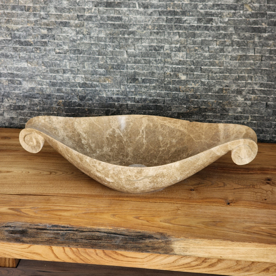 Scroll-Edge Beige Marble Vessel Sink - Hand-Carved Sculptural Basin