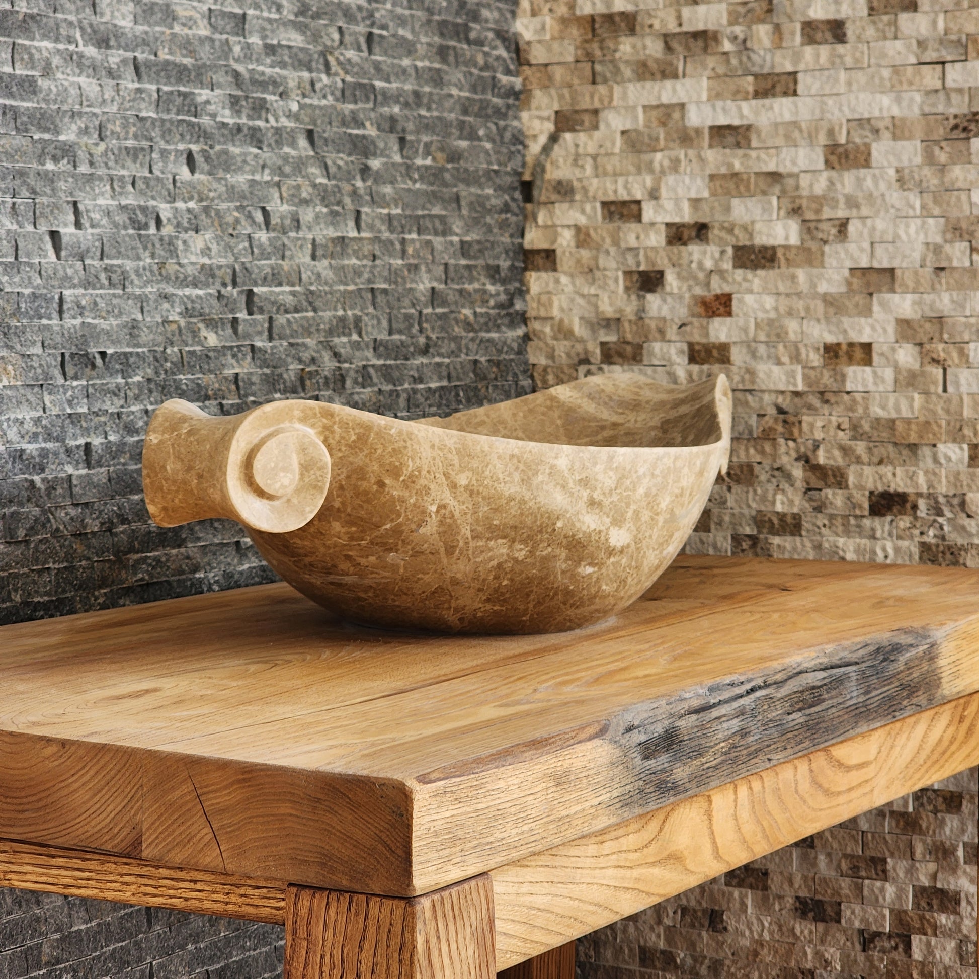 Scroll-Edge Beige Marble Vessel Sink - Hand-Carved Sculptural Basin