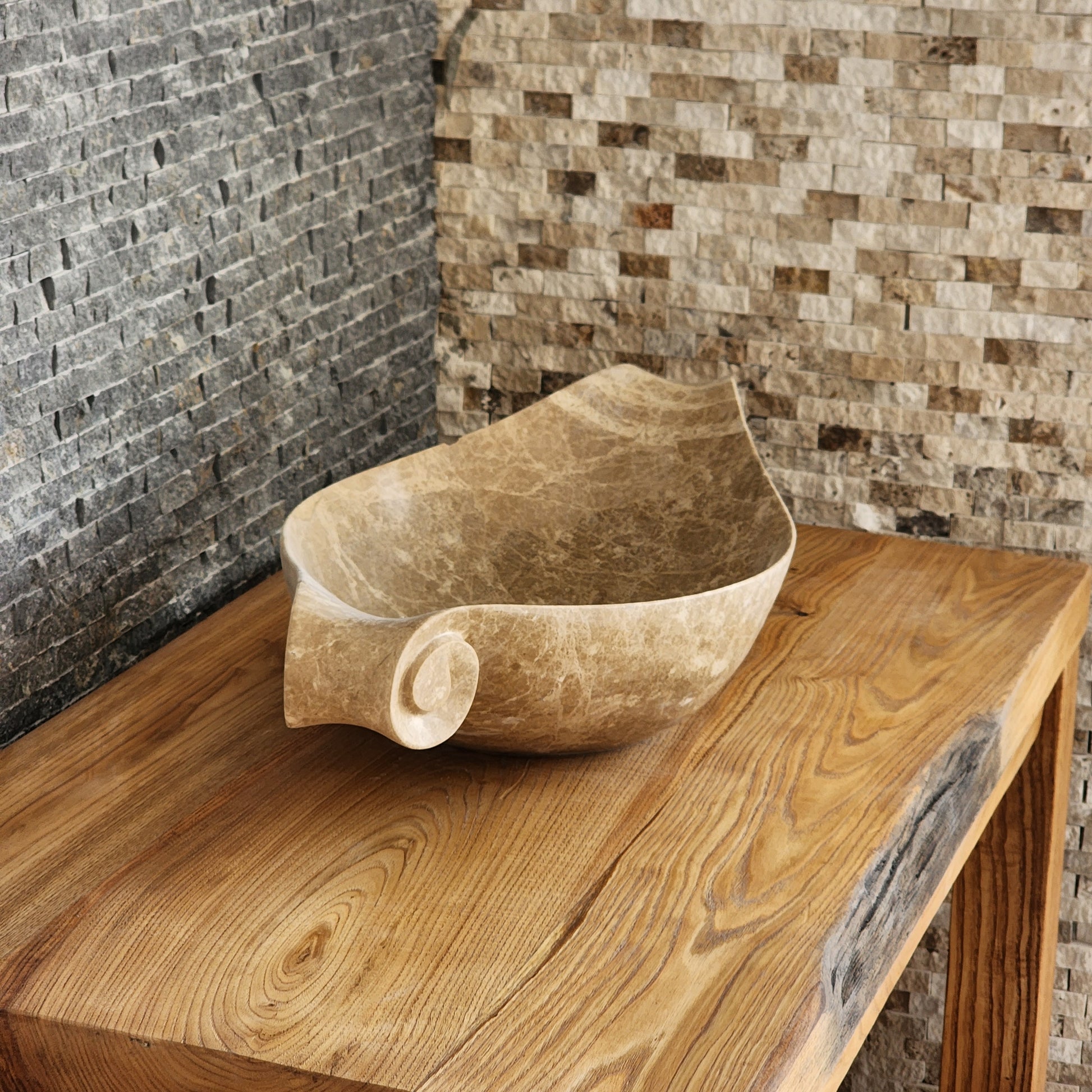 Scroll-Edge Beige Marble Vessel Sink - Hand-Carved Sculptural Basin