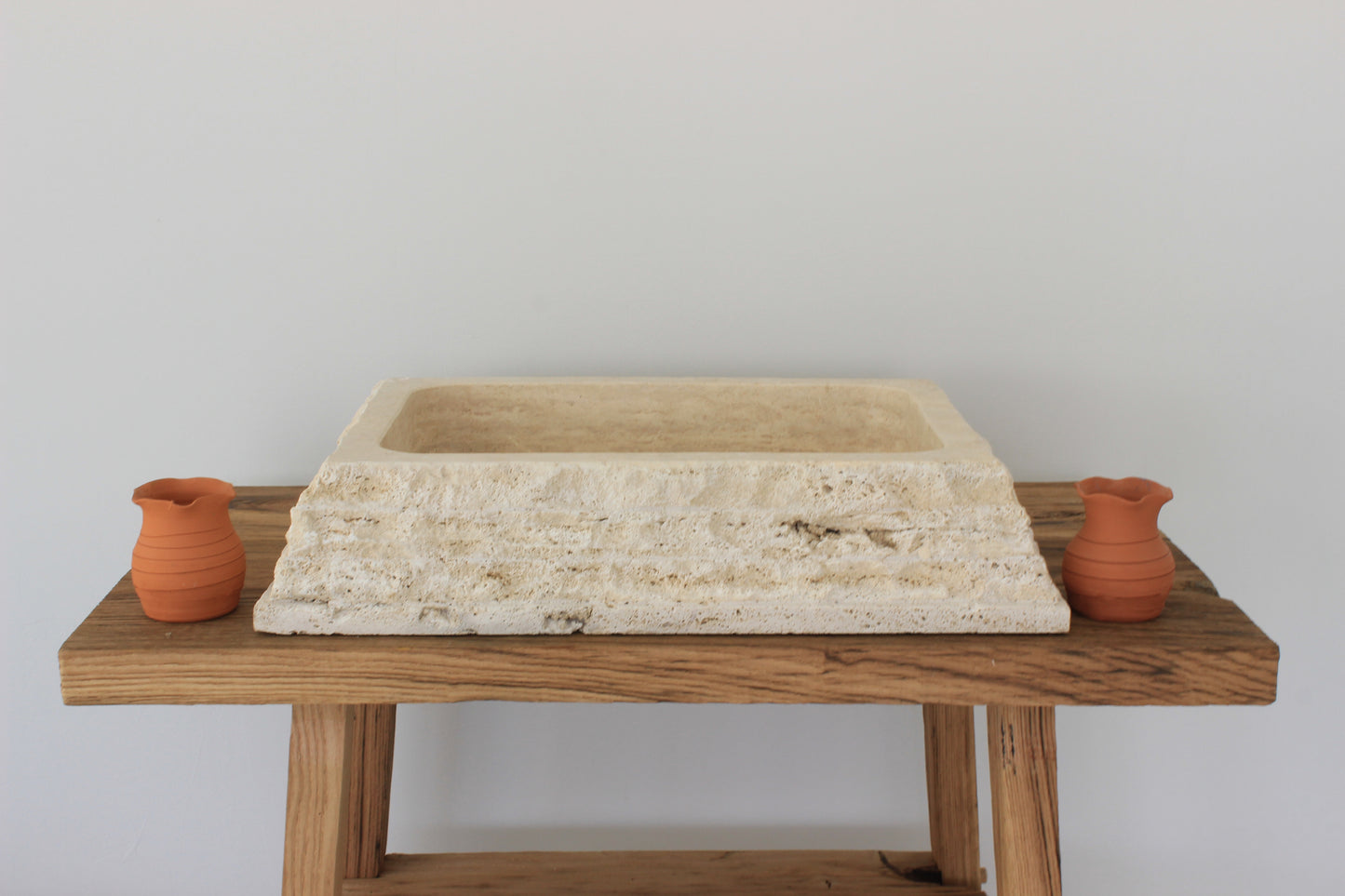 Hand-Carved Chiseled Travertine Vessel Sink – Rectangular Rock-Face Natural Stone Basin