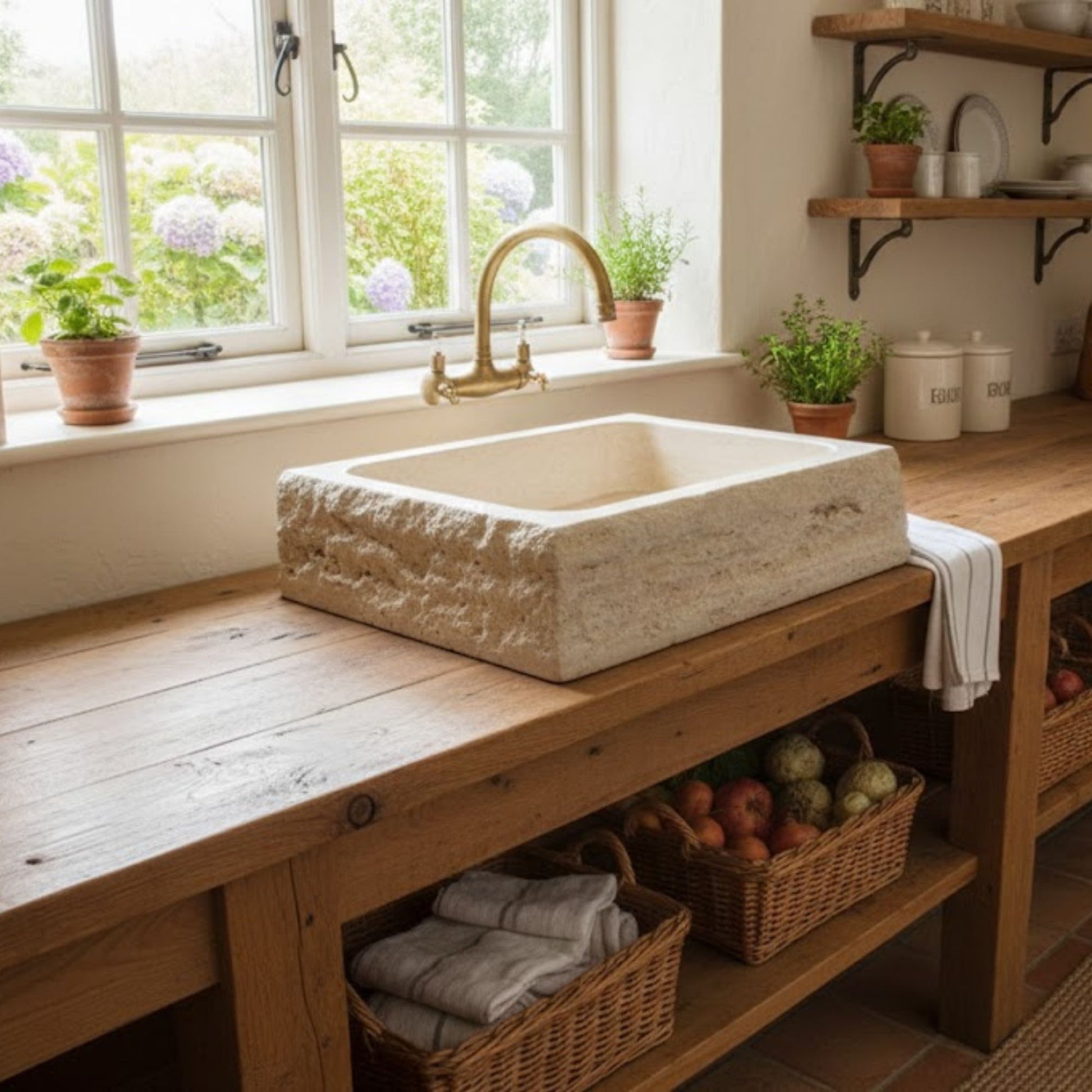Hand-Carved Chiseled Travertine Vessel Sink – Rectangular Rock-Face Natural Stone Basin
