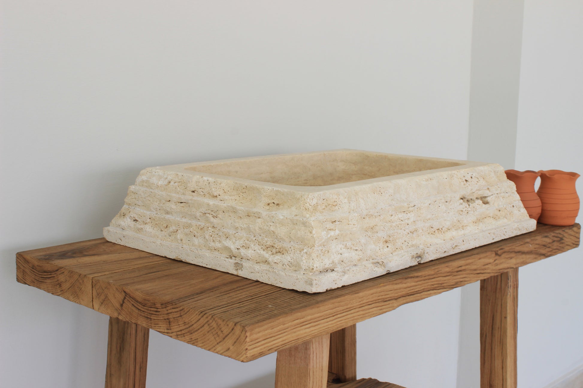 Hand-Carved Chiseled Travertine Vessel Sink – Rectangular Rock-Face Natural Stone Basin