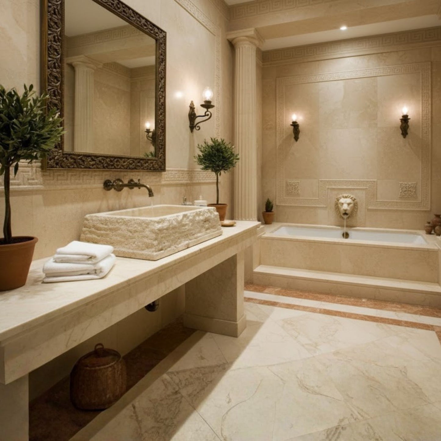 Hand-Carved Chiseled Travertine Vessel Sink – Rectangular Rock-Face Natural Stone Basin