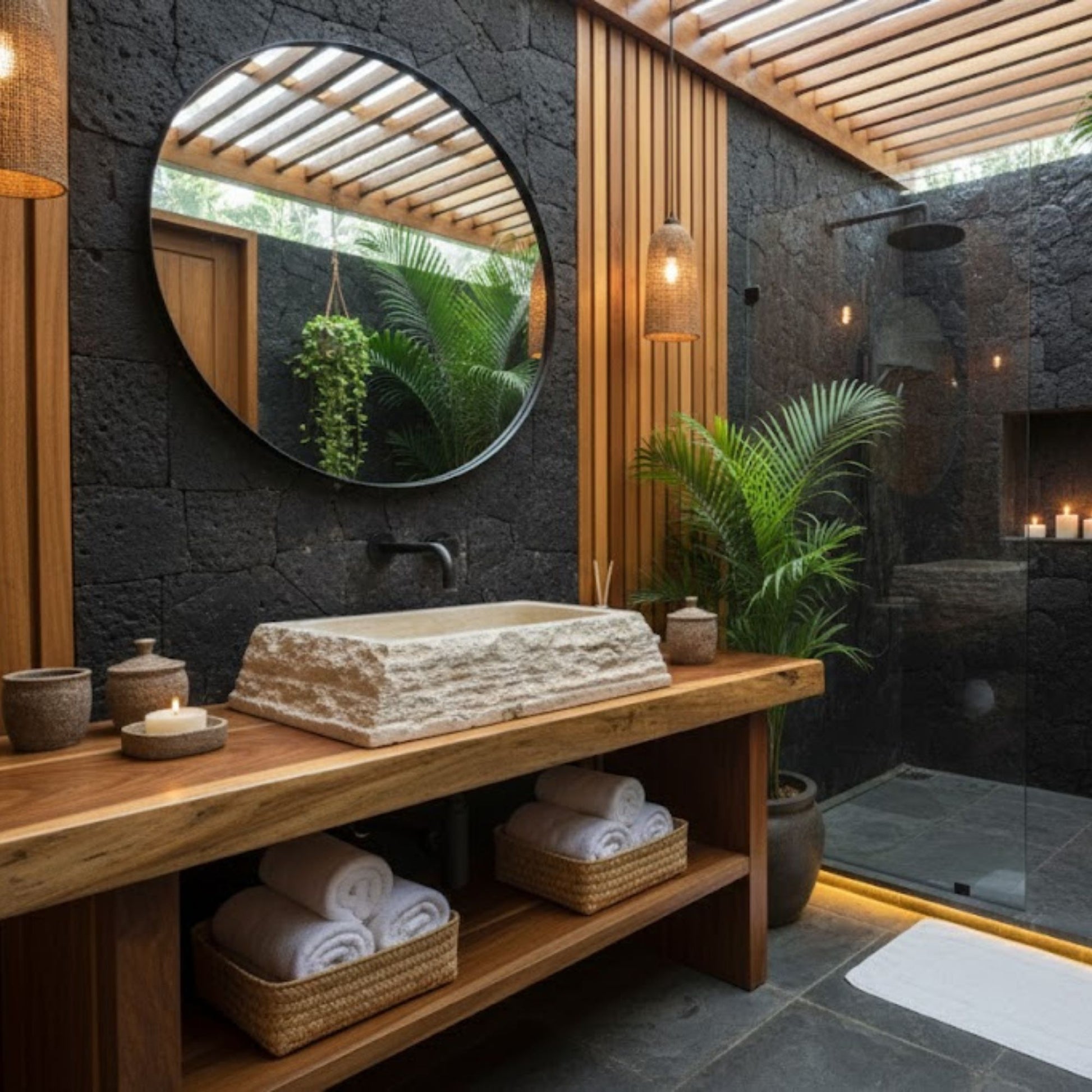 Hand-Carved Chiseled Travertine Vessel Sink – Rectangular Rock-Face Natural Stone Basin