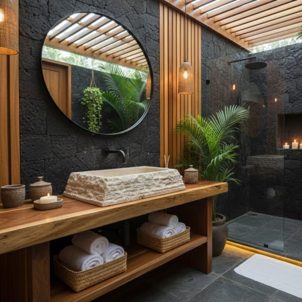 Hand-Carved Chiseled Travertine Vessel Sink – Rectangular Rock-Face Natural Stone Basin