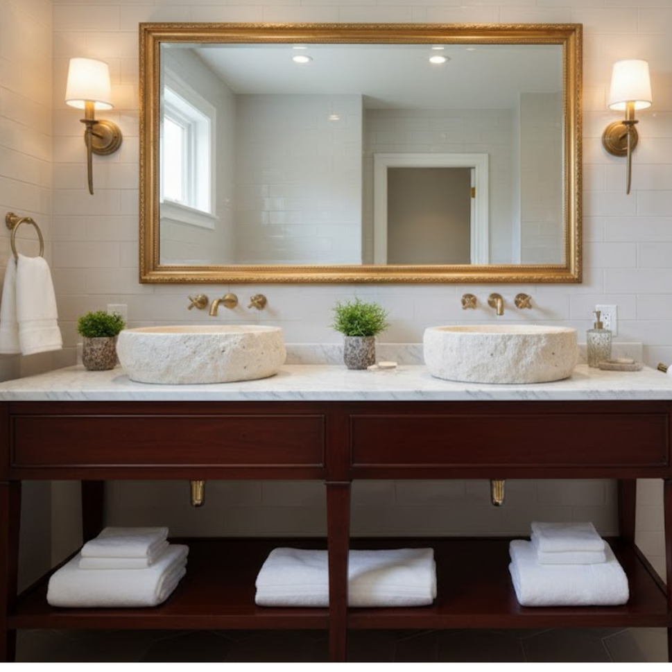 Hand-Carved Chiseled Travertine Vessel Sink – Round Rock-Face Natural Stone Basin